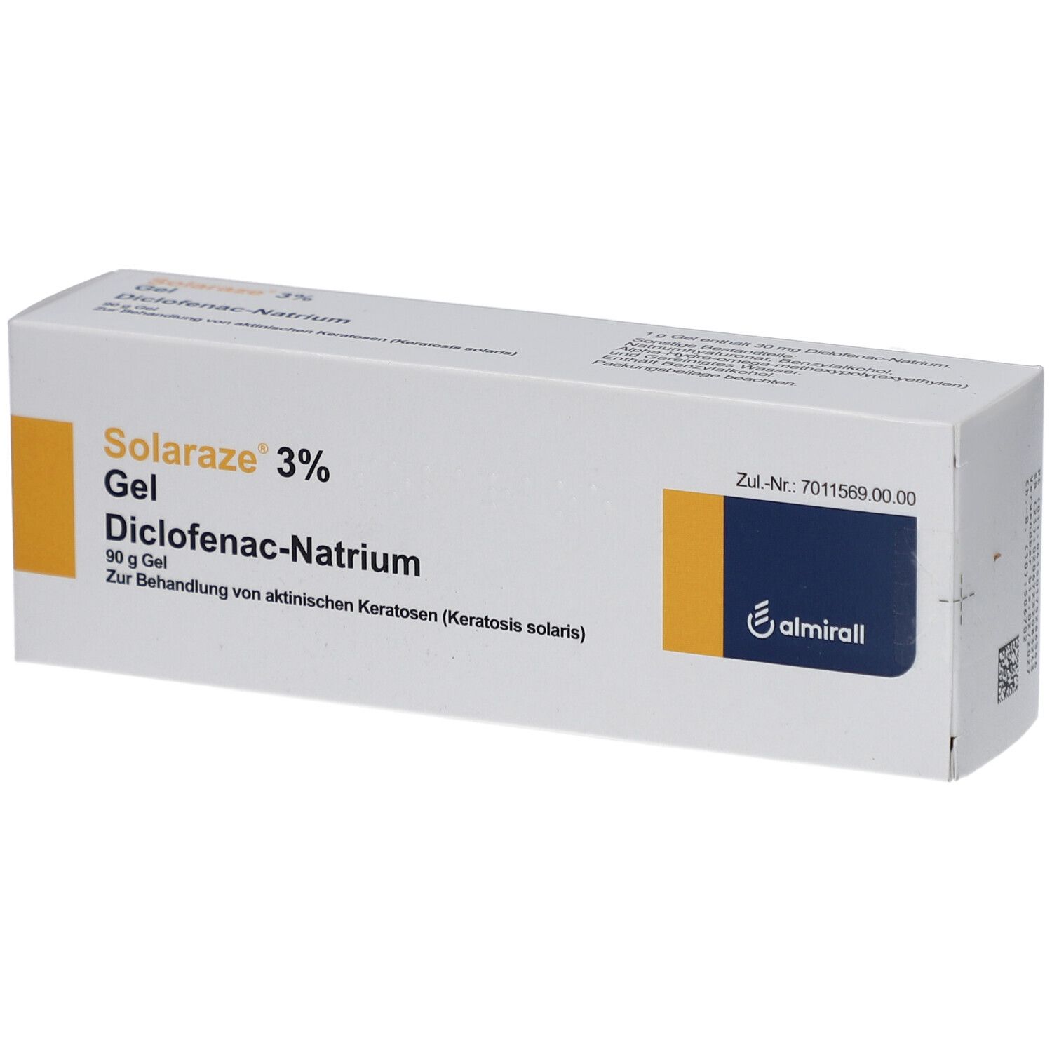 Weiße Schachtel mit gelben Akzenten. Aufschrift: Solaraze 3% Gel, Diclofenac-Natrium. Logo: almirall.