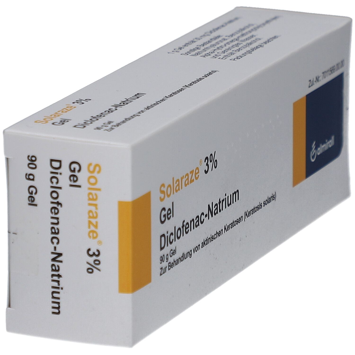 Schachtel, weiß mit gelben Akzenten. Aufschrift: Solaraze 3% Gel, Diclofenac-Natrium. Logo: almirall.