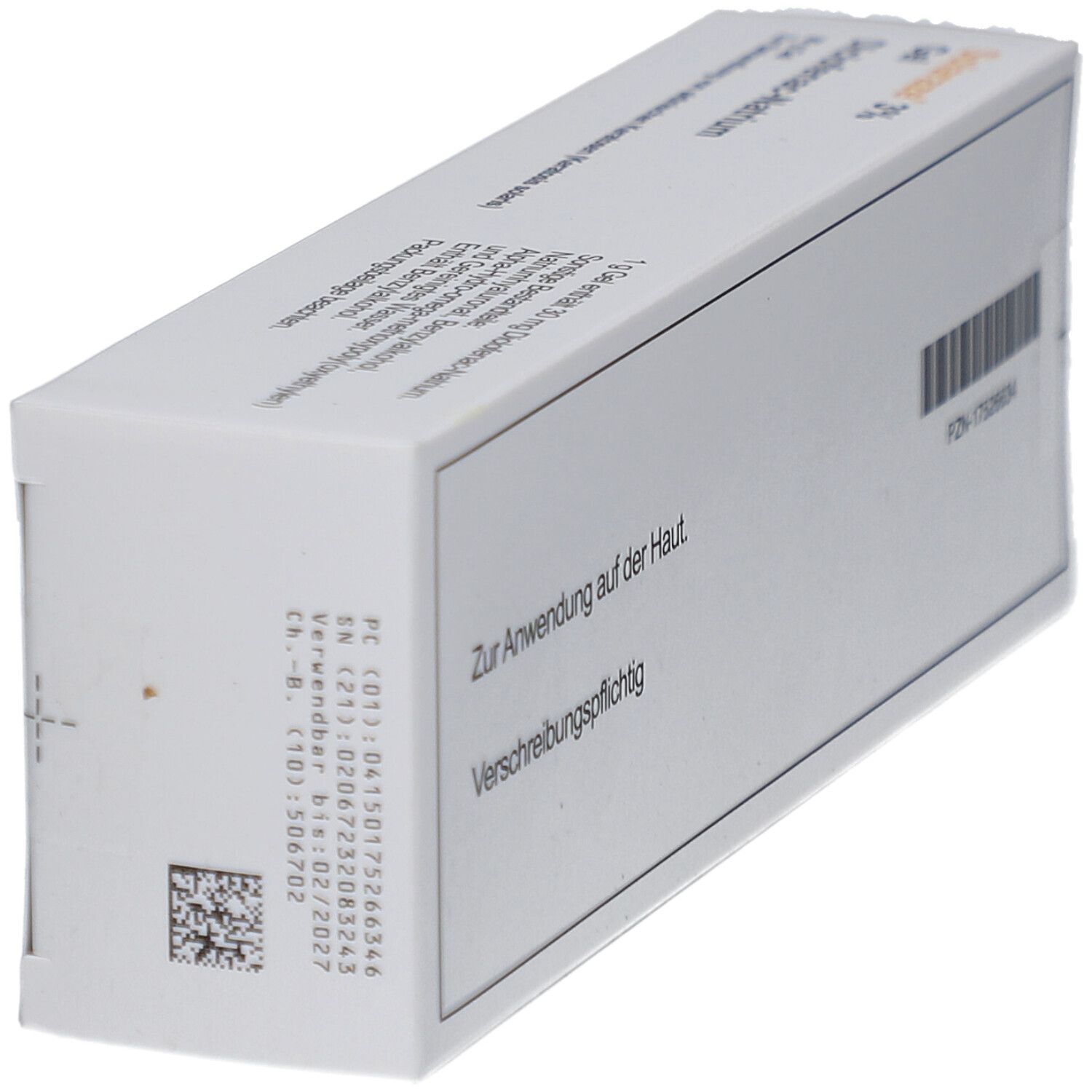 Weiße Schachtel, Rückseite. Aufschrift: Zur Anwendung auf der Haut. Verschreibungspflichtig. Barcode.
