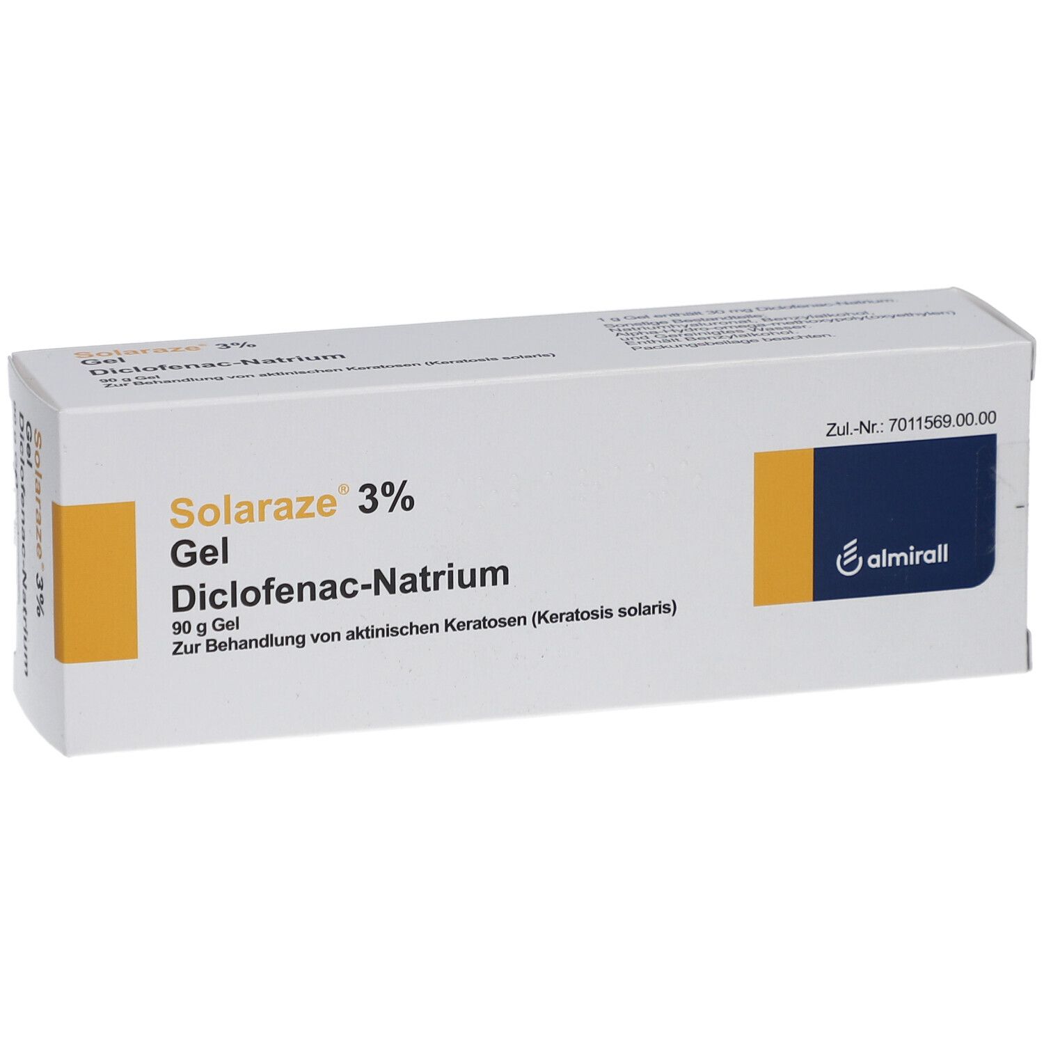 Weiße Schachtel mit gelben Akzenten. Aufschrift: Solaraze 3% Gel, Diclofenac-Natrium. Logo: almirall.