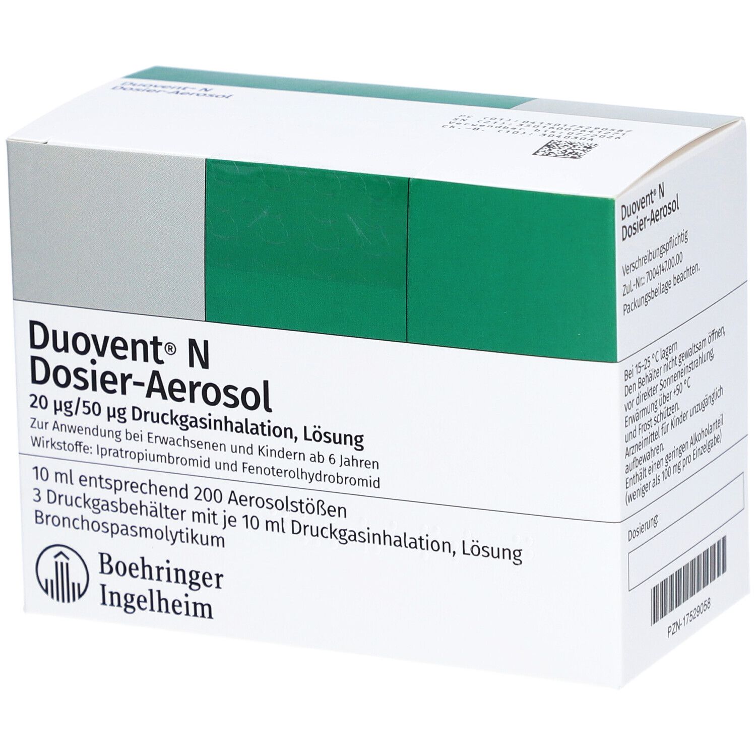 Karton von Duovent N Dosier-Aerosol. Enthält 20 µg/50 µg Druckgasinhalation, Lösung. Mit Logo von Boehringer Ingelheim.