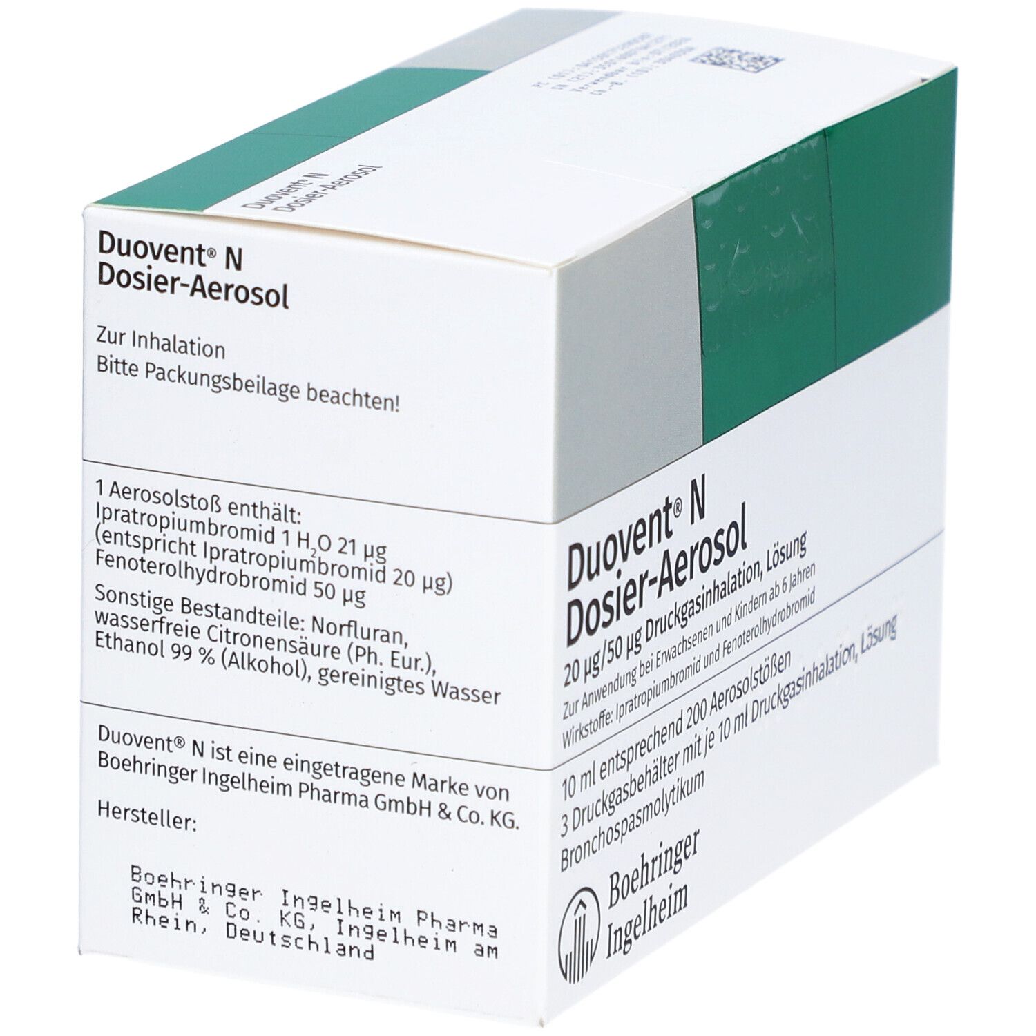 Karton von Duovent N Dosier-Aerosol. Enthält Informationen zur Inhalation und Inhaltsstoffe. Mit Logo von Boehringer Ingelheim.
