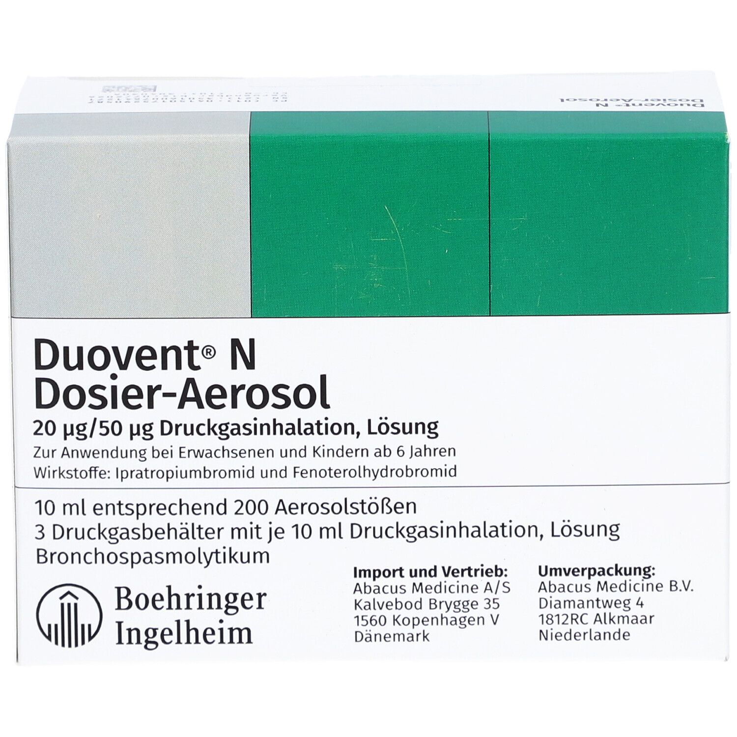 Karton von Duovent N Dosier-Aerosol. Enthält 20 µg/50 µg Druckgasinhalation, Lösung. Mit Logo von Boehringer Ingelheim.