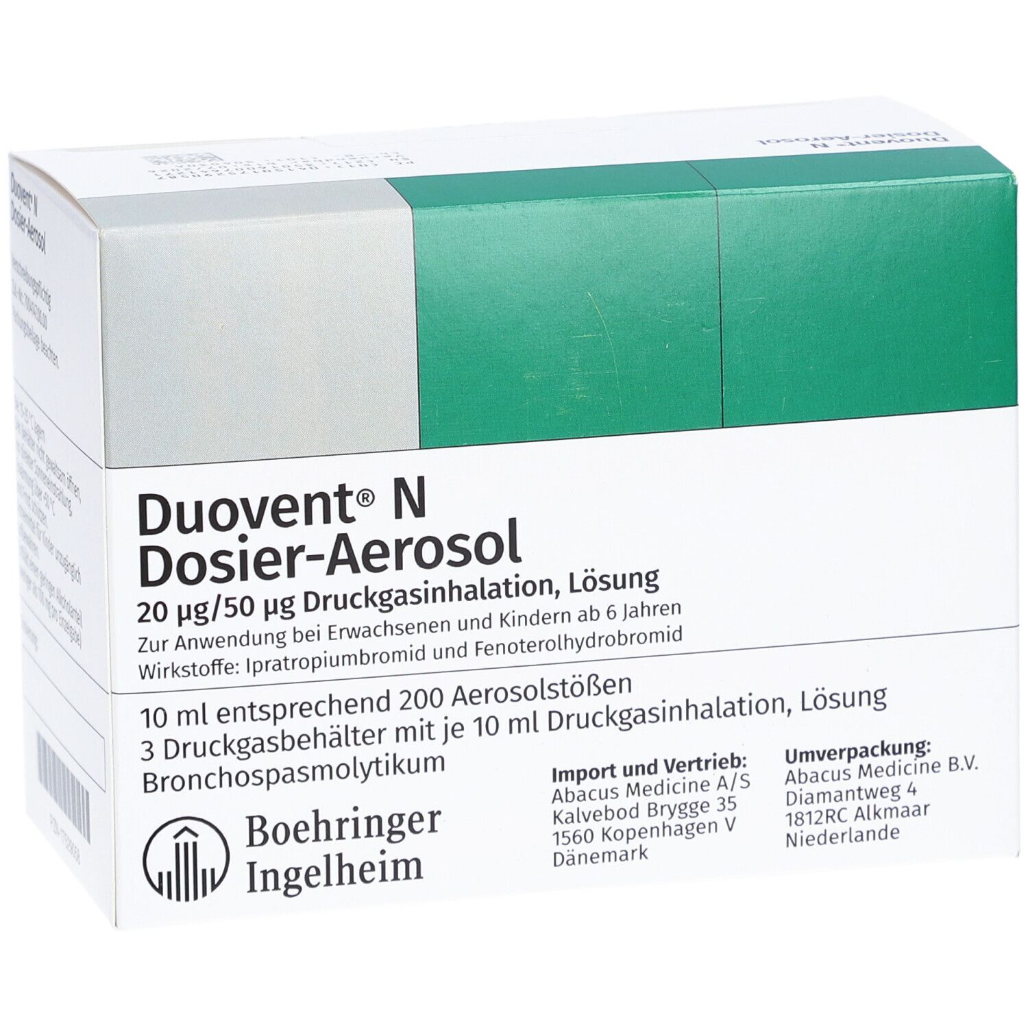 Karton von Duovent N Dosier-Aerosol. Enthält 20 µg/50 µg Druckgasinhalation, Lösung. Mit Logo von Boehringer Ingelheim.