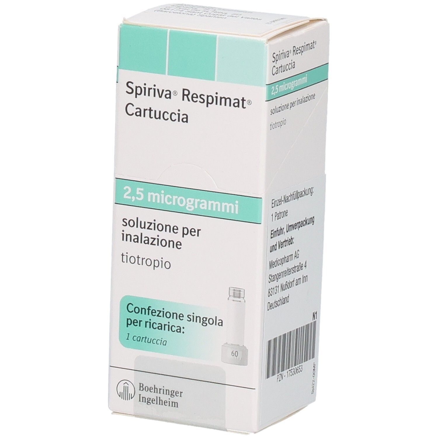 Schachtel SPIRIVA Respimat Cartuccia, 2,5 Mikrogramm. Einzelpackung. Text auf Italienisch. Boehringer Ingelheim Logo.