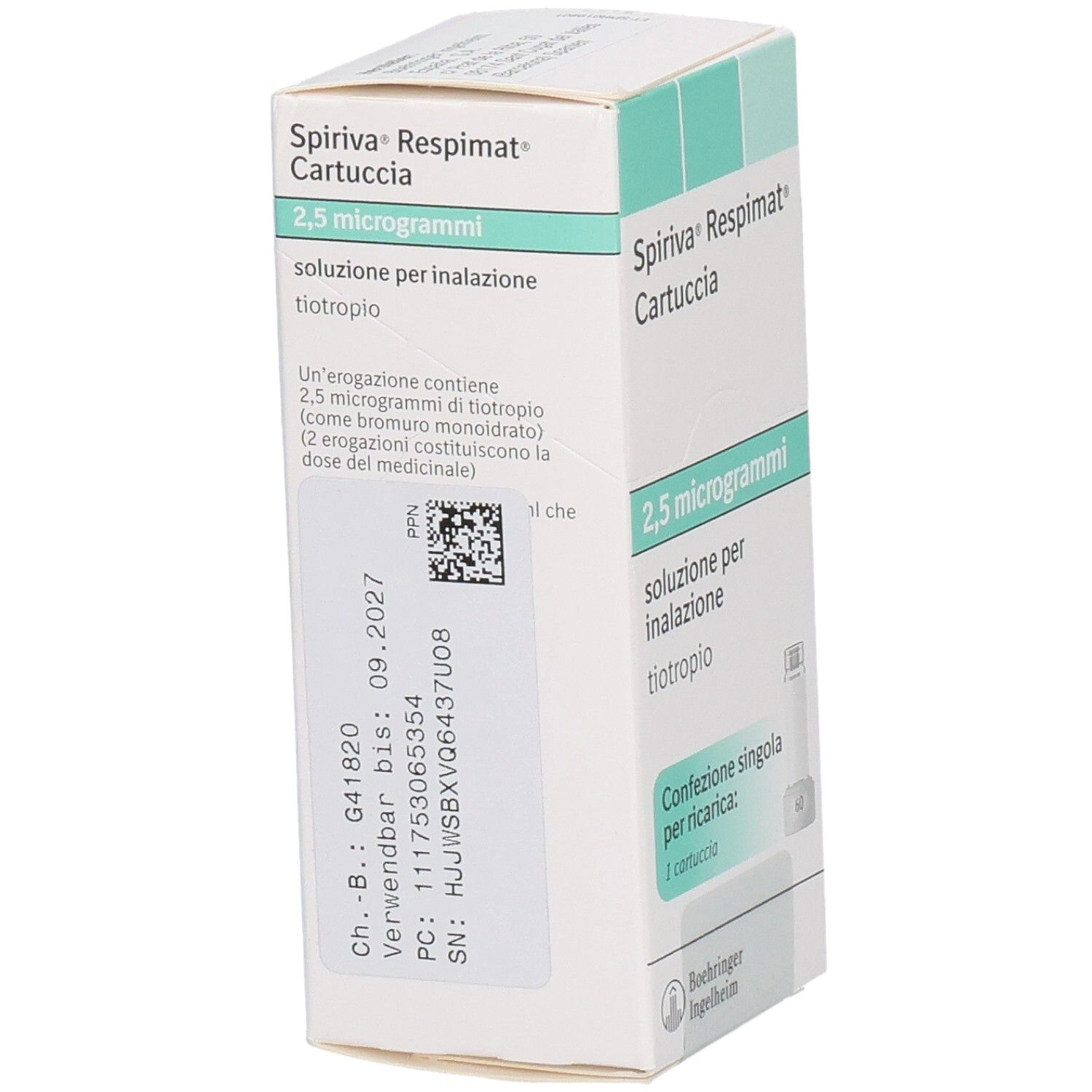 Schachtel SPIRIVA Respimat Cartuccia, 2,5 Mikrogramm. Text auf Italienisch. QR-Code und Chargennummer. Verfallsdatum.