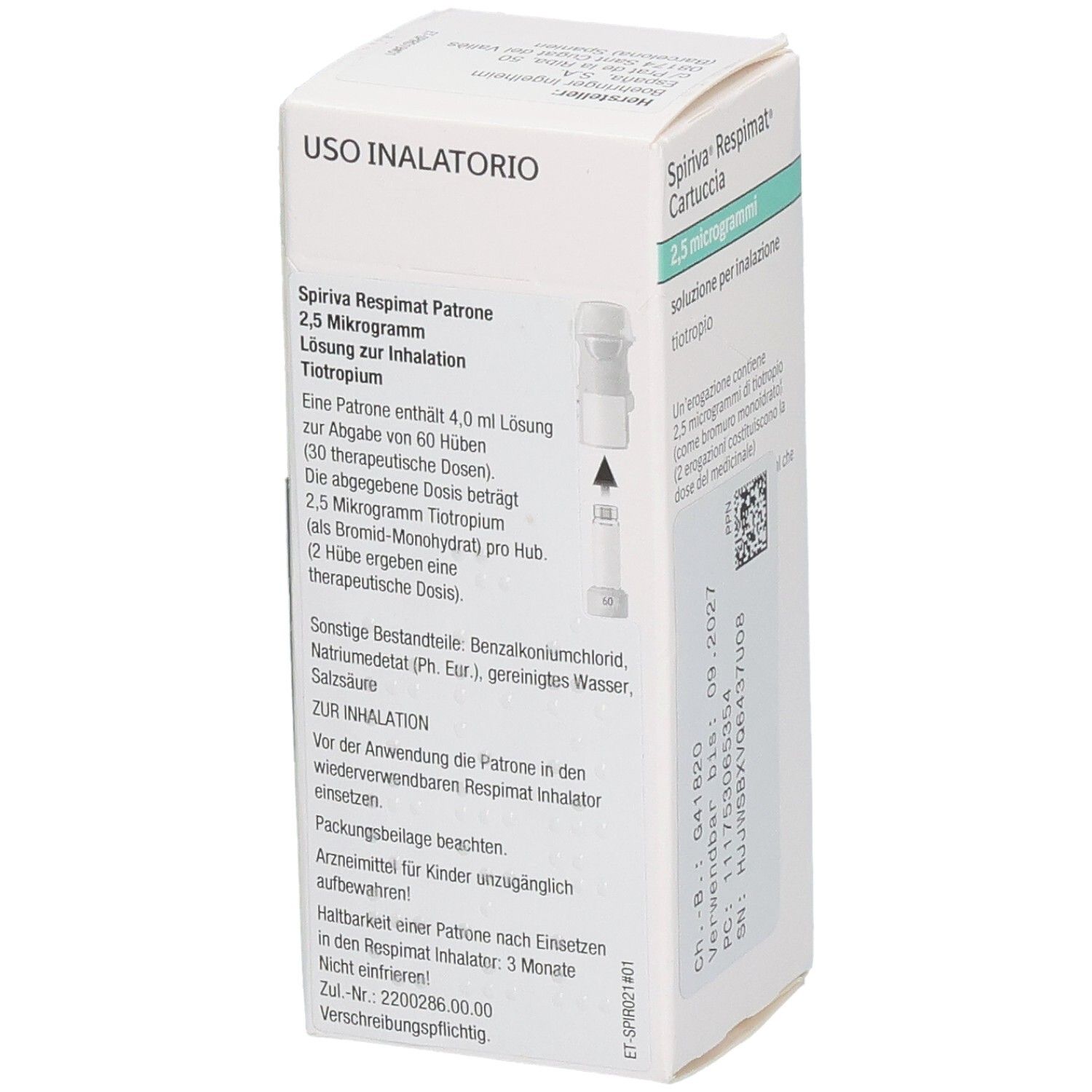 Schachtel SPIRIVA Respimat Patrone, 2,5 Mikrogramm. Text auf Italienisch. Gebrauchsanweisung. Einzelheiten zur Anwendung.