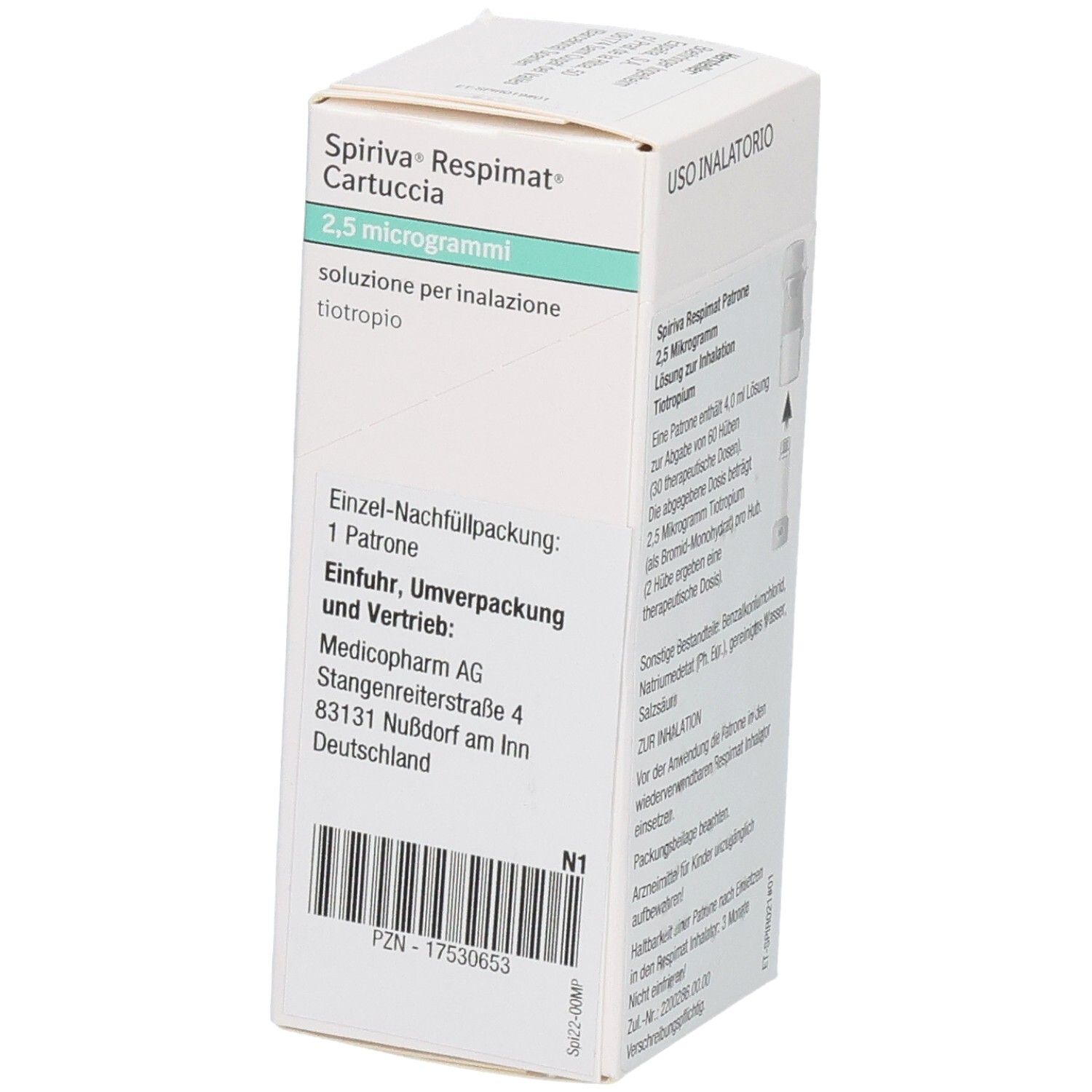 Schachtel SPIRIVA Respimat Cartuccia, 2,5 Mikrogramm. Einzel-Nachfüllpackung. Text auf Italienisch. Herstelleradresse.