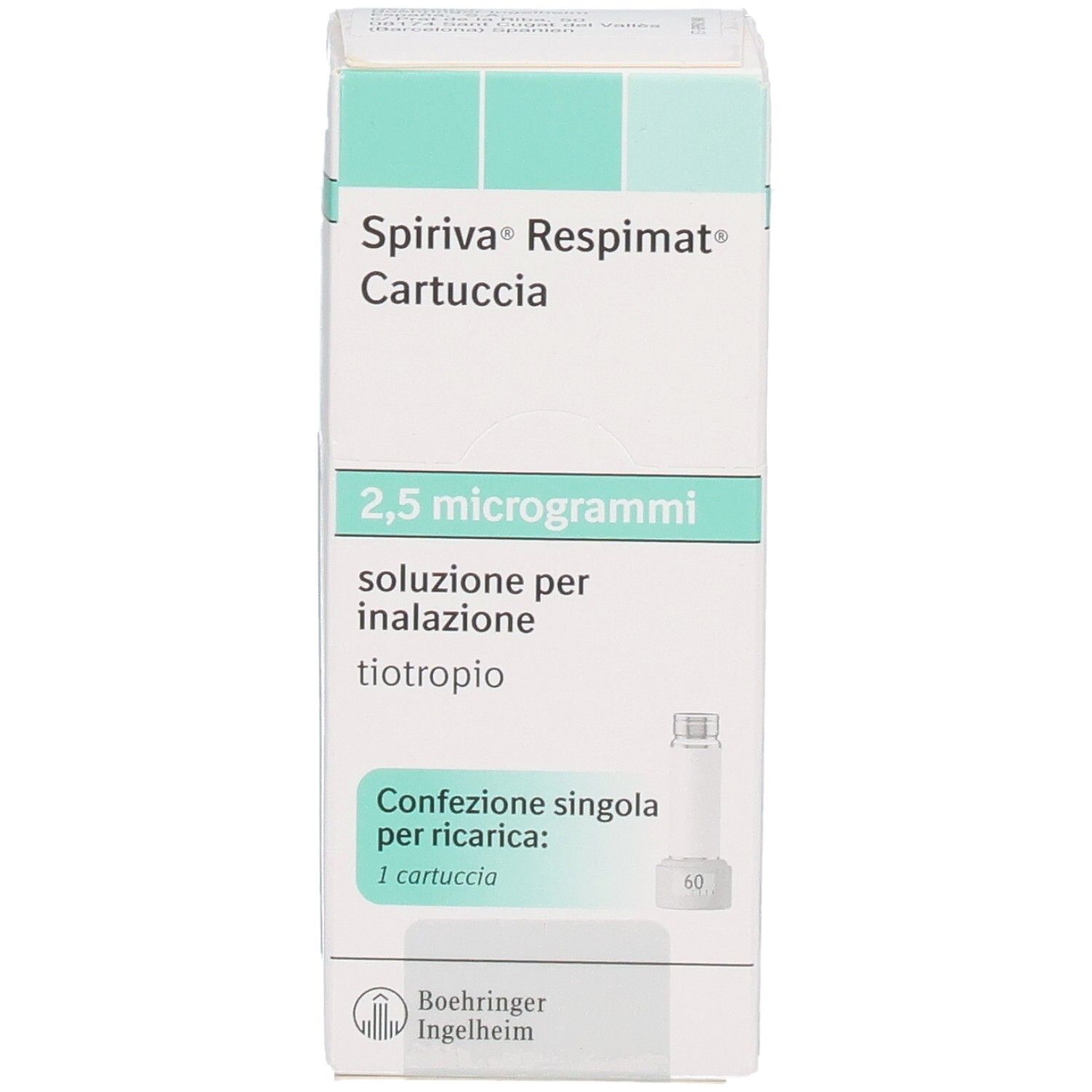 Schachtel SPIRIVA Respimat Cartuccia, 2,5 Mikrogramm. Einzelpackung. Text auf Italienisch. Boehringer Ingelheim Logo.