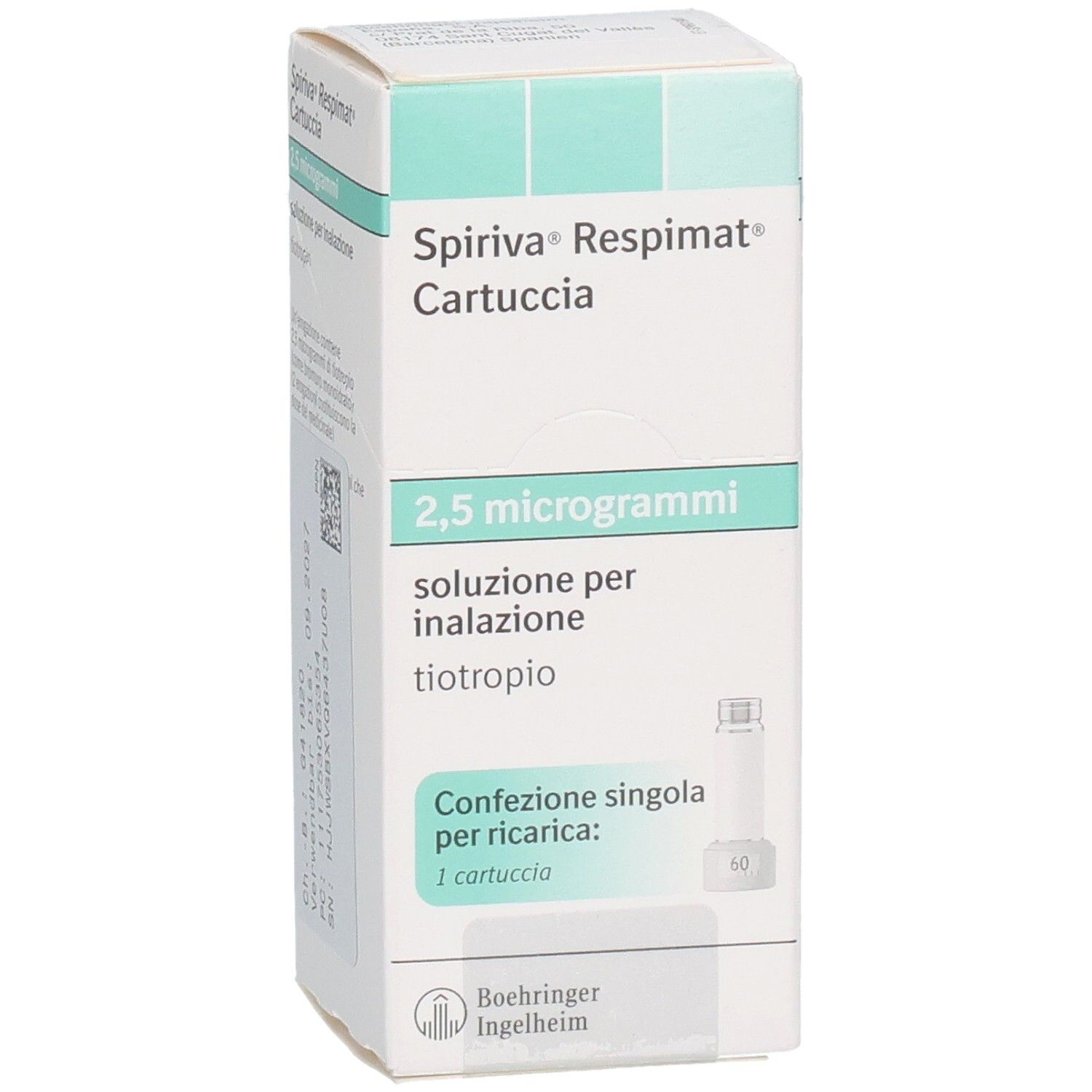 Schachtel SPIRIVA Respimat Cartuccia, 2,5 Mikrogramm. Einzelpackung. Text auf Italienisch. Boehringer Ingelheim Logo.