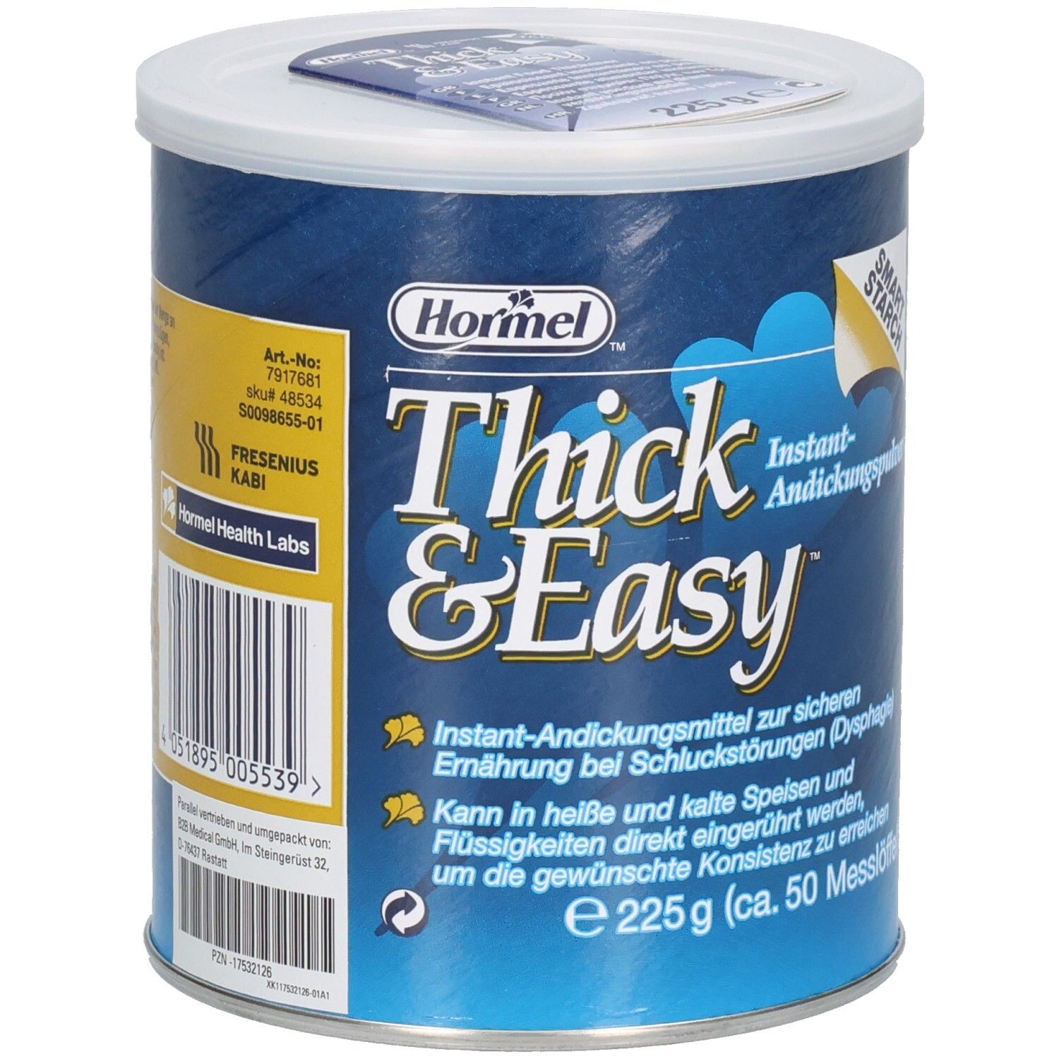 Blaue Dose mit weißem Deckel. Aufschrift: Thick & Easy Instant-Andickungspulver. Hormel Logo. 225g.