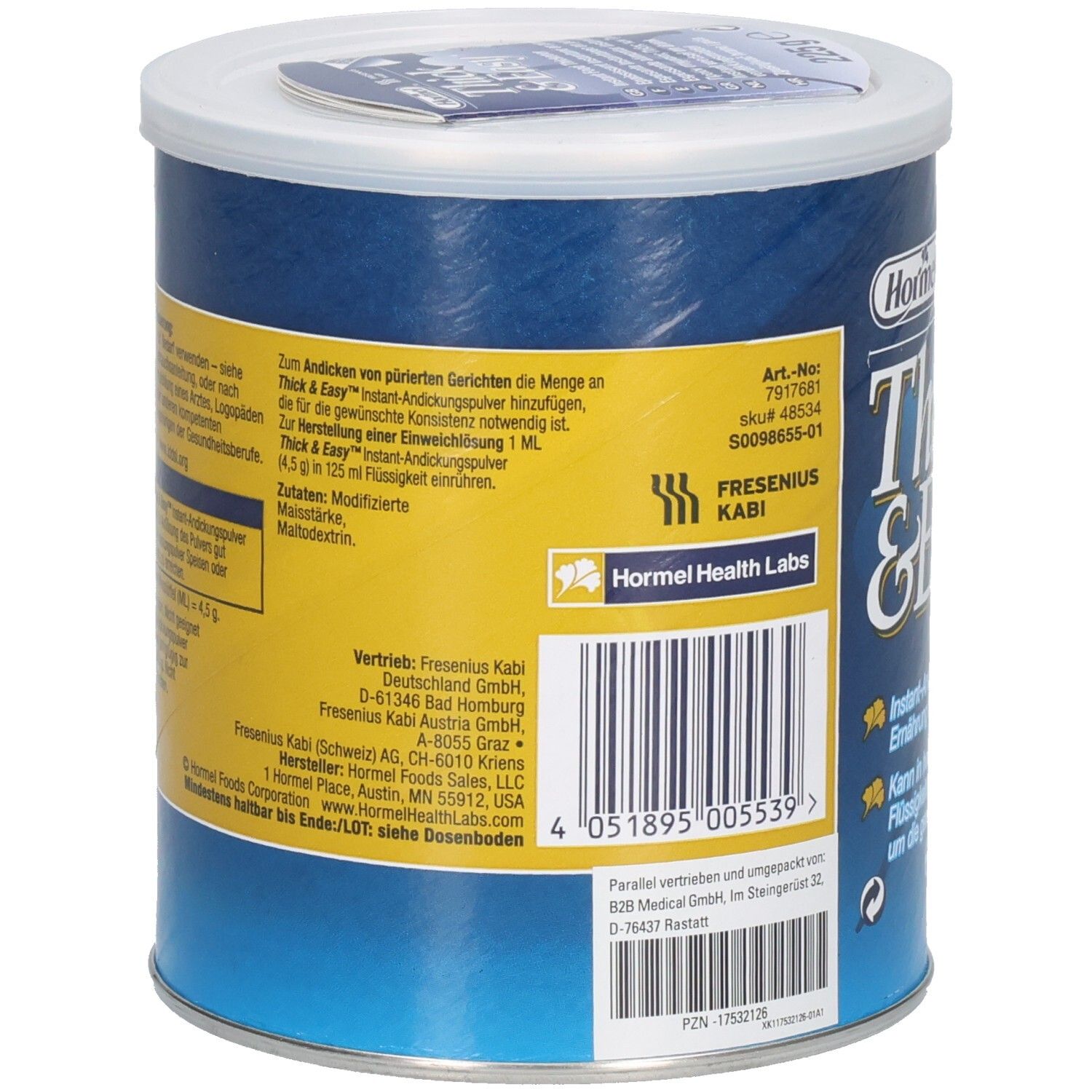 Rückseite der blauen Dose. Textinformationen und Barcode. Hormel Health Labs Logo. Fresenius Kabi Logo.