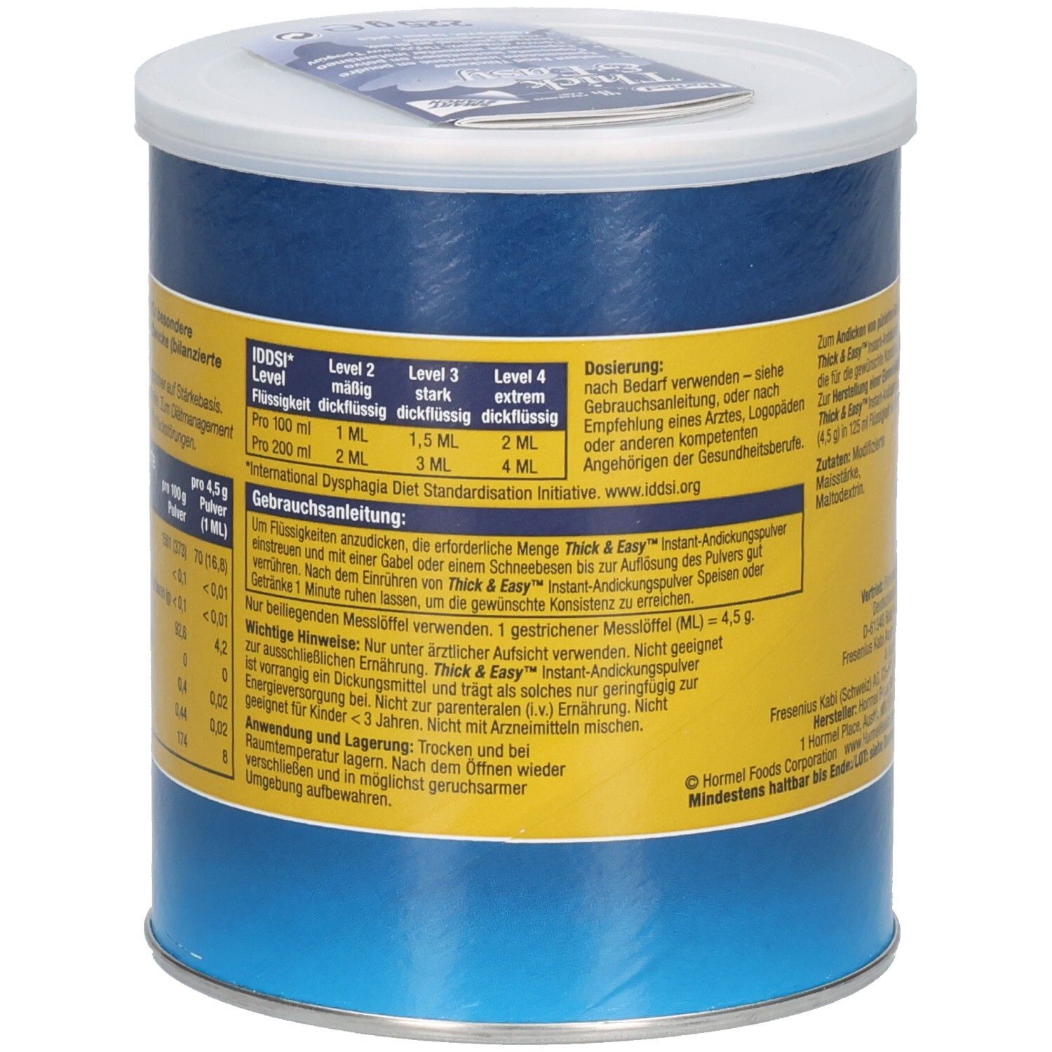 Blaue Dose mit weißem Deckel. Textinformationen. IDDSI-Level-Tabelle. Hormel Health Labs Logo.