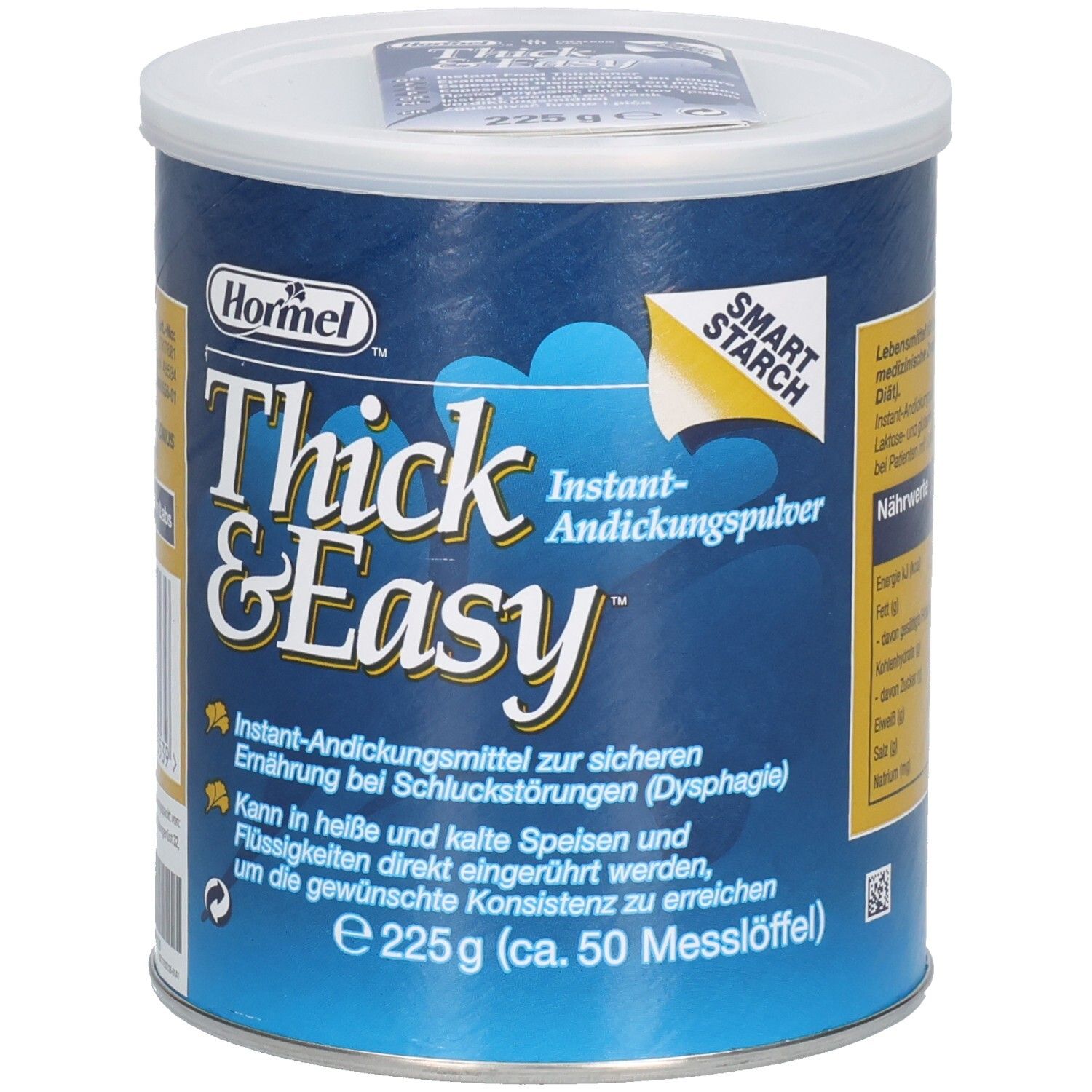 Blaue Dose mit weißem Deckel. Aufschrift: Thick & Easy Instant-Andickungspulver. Hormel Logo. 225g.