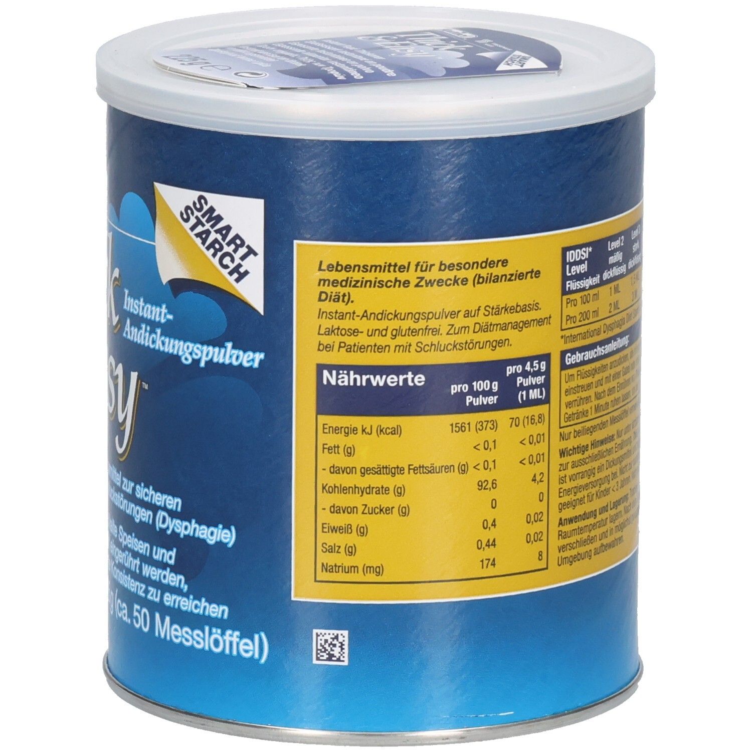 Blaue Dose mit weißem Deckel. Aufschrift: Thick & Easy Instant-Andickungspulver. Hormel Logo. Nährwerttabelle.