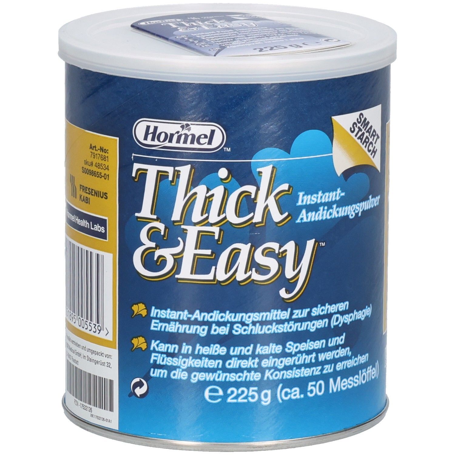 Blaue Dose mit weißem Deckel. Aufschrift: Thick & Easy Instant-Andickungspulver. Hormel Logo. 225g.