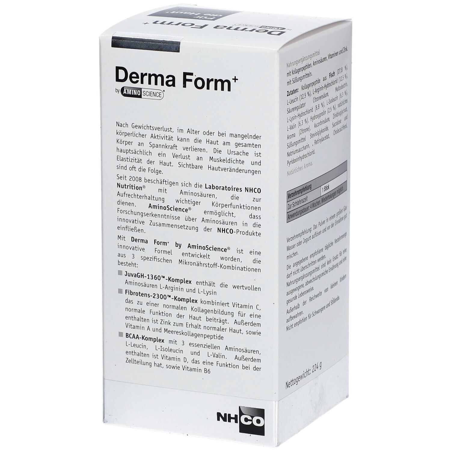 Weißer Karton mit Derma Form+ und Text. Enthält Informationen zu Inhaltsstoffen und Hersteller.