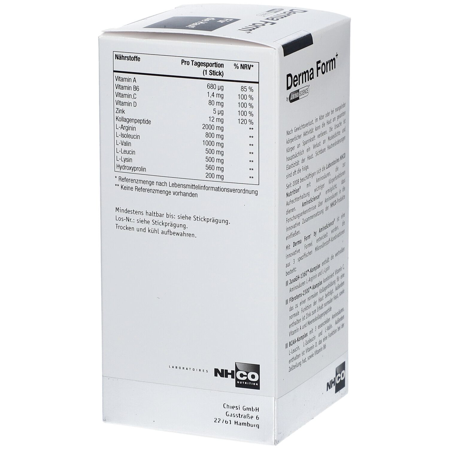 Weißer Karton mit Derma Form+ und Nährstofftabelle. Zeigt Nährstoffe pro Portion und % NRV.
