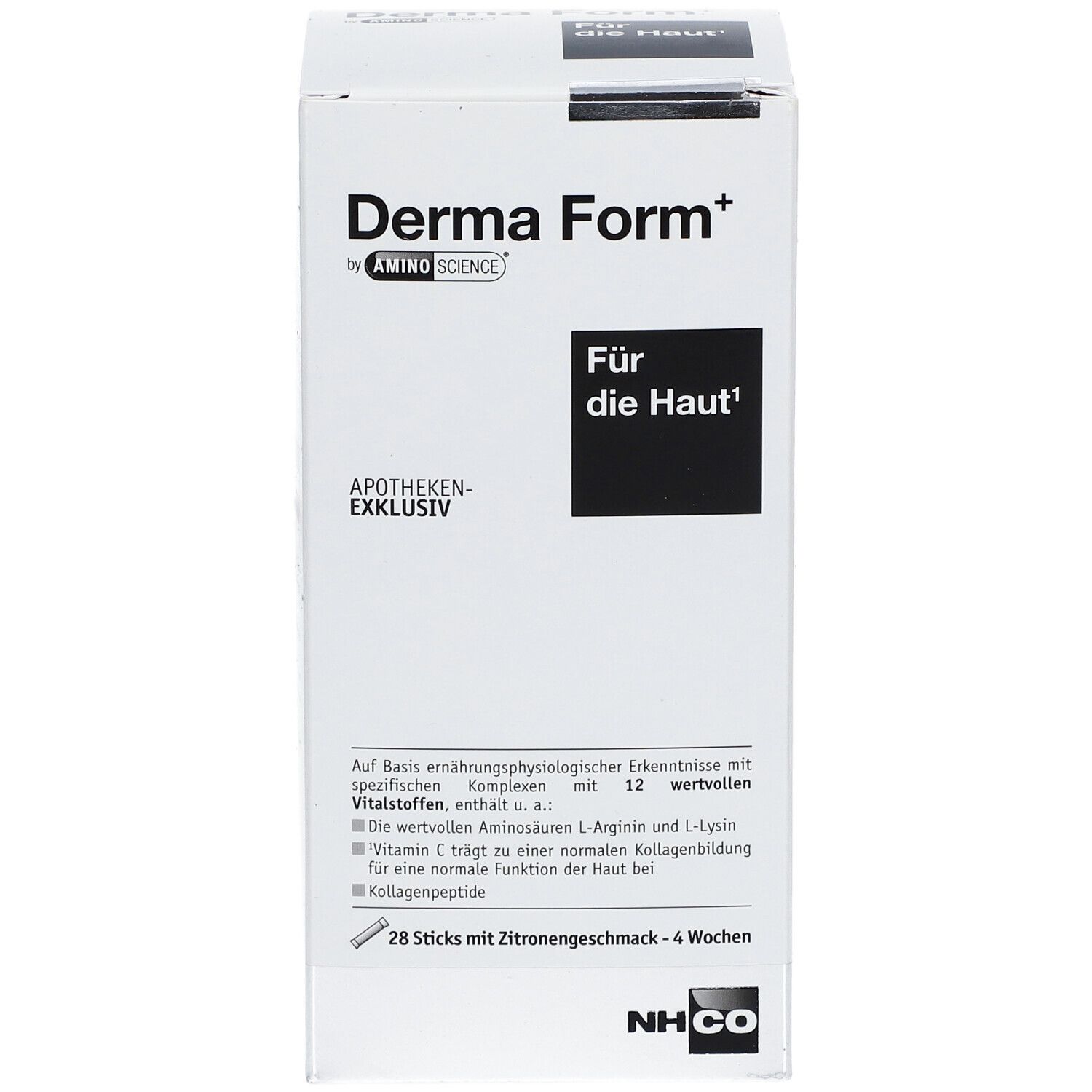 Weißer Karton mit Derma Form+ und Für die Haut. Apotheken-exklusiv. Enthält 28 Sticks.