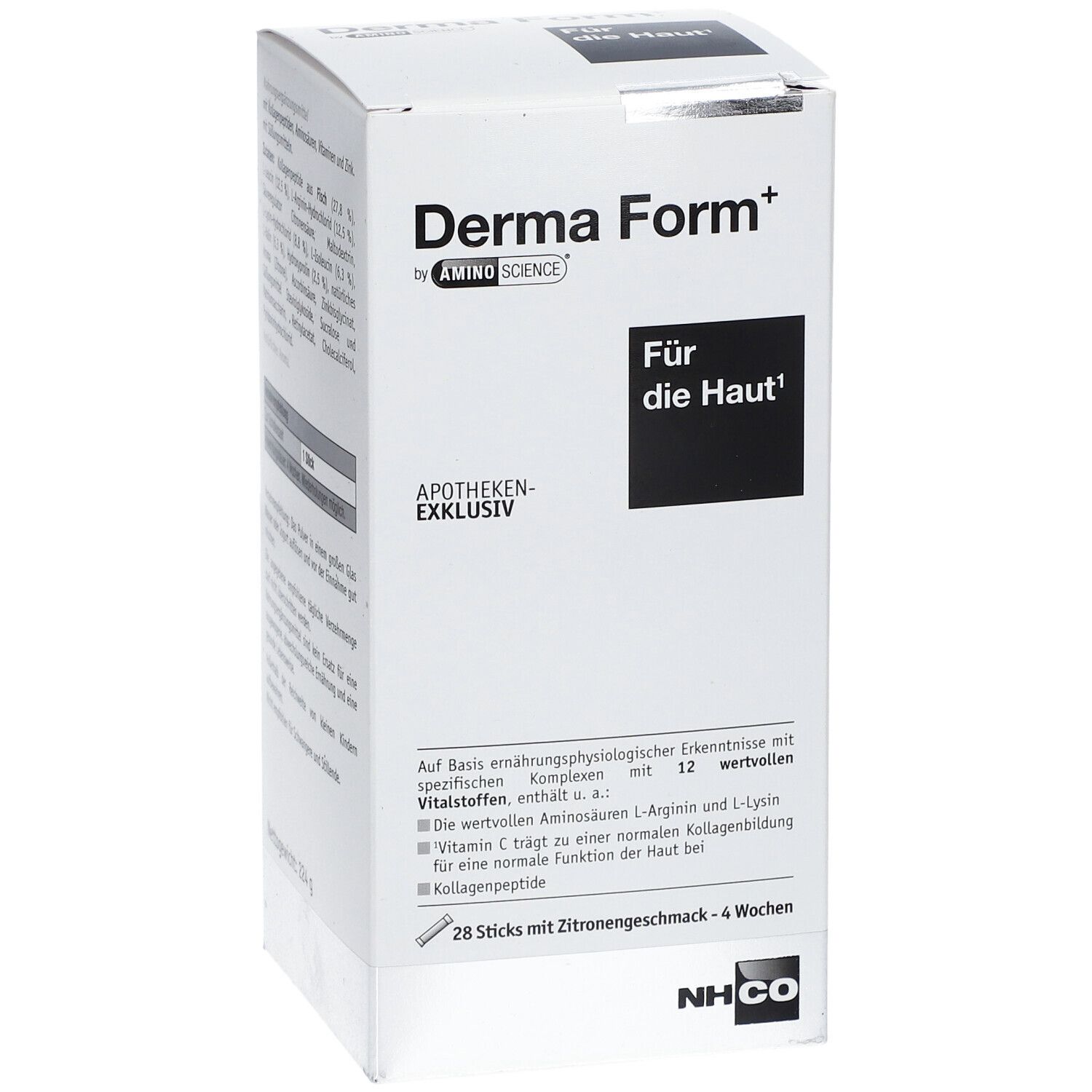 Weißer Karton mit Derma Form+ und Für die Haut. Apotheken-exklusiv. 28 Sticks mit Zitronengeschmack.