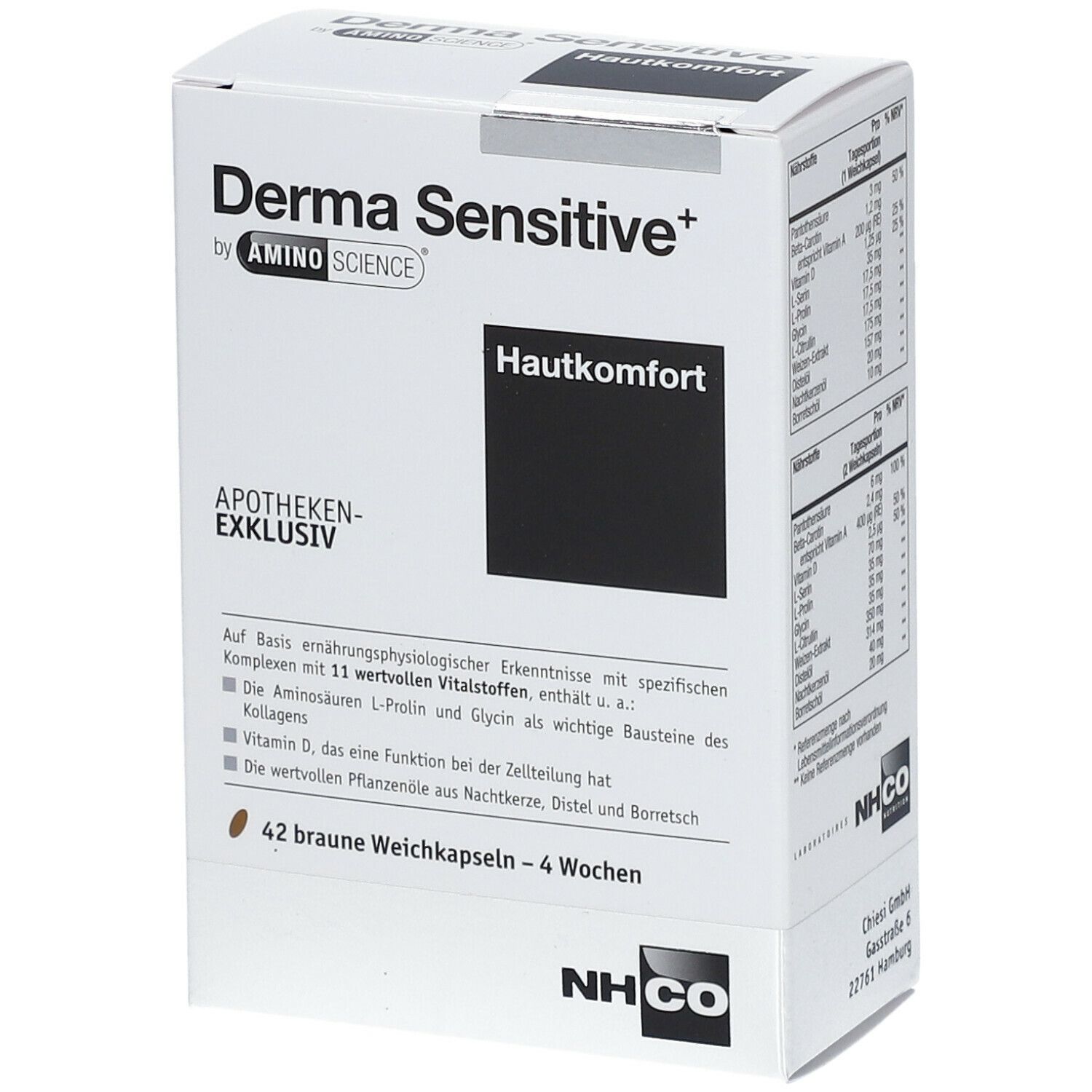 Weiße Schachtel mit "Derma Sensitive+" und "Hautkomfort" Schriftzug. Enthält 42 Kapseln. Apotheken-exklusiv.