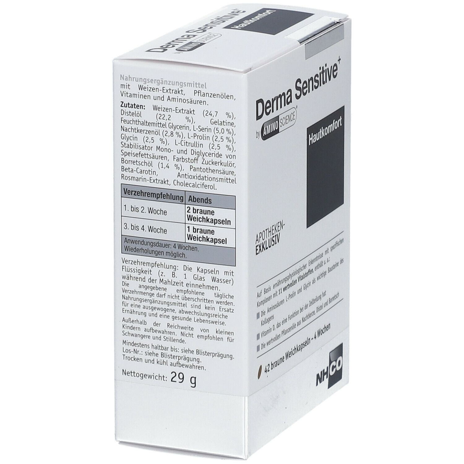 Weiße Schachtel mit "Derma Sensitive+". Zutatenliste und Verzehrempfehlung. Nettogewicht: 29 g.