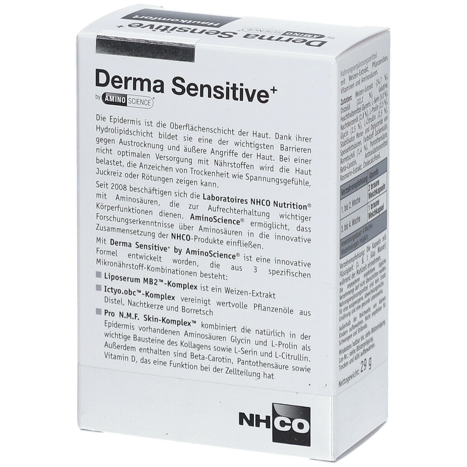 Weiße Schachtel mit "Derma Sensitive+". Text über die Zusammensetzung und Wirkungsweise. NHCO Logo.