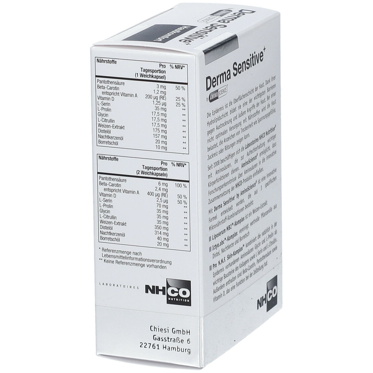 Weiße Schachtel mit "Derma Sensitive+". Nährwertangaben pro Portion. NHCO Logo.