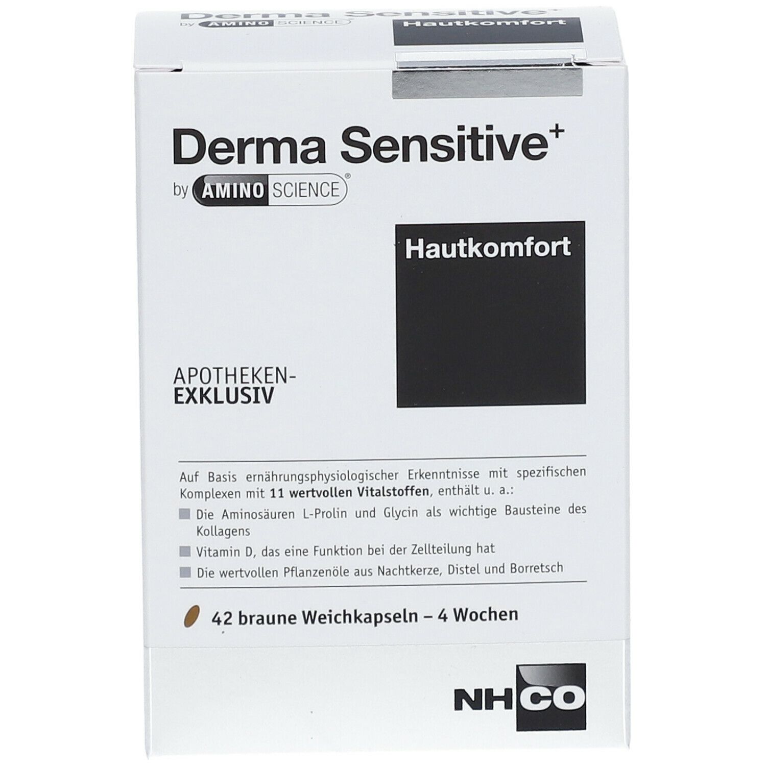 Weiße Schachtel mit "Derma Sensitive+" und "Hautkomfort". Enthält 42 Kapseln. Apotheken-exklusiv.