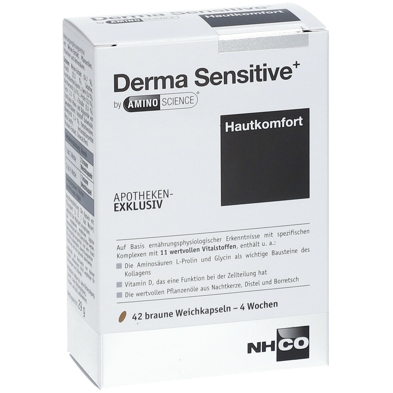 Weiße Schachtel mit "Derma Sensitive+" und "Hautkomfort". Enthält 42 Kapseln. Apotheken-exklusiv.