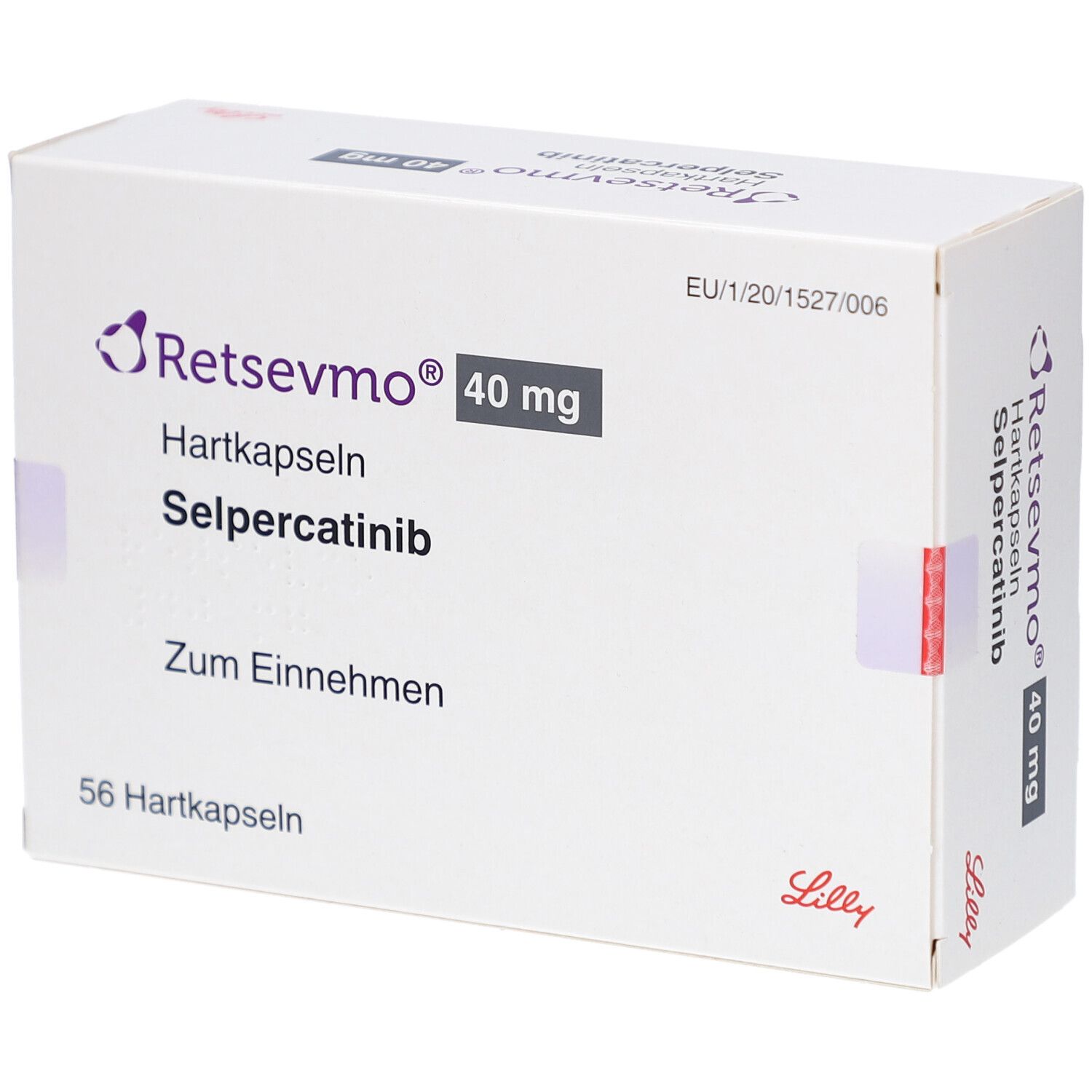 Schachtel mit "Retsevmo 40 mg Hartkapseln". Enthält 56 Hartkapseln. Herstellerlogo Lilly.