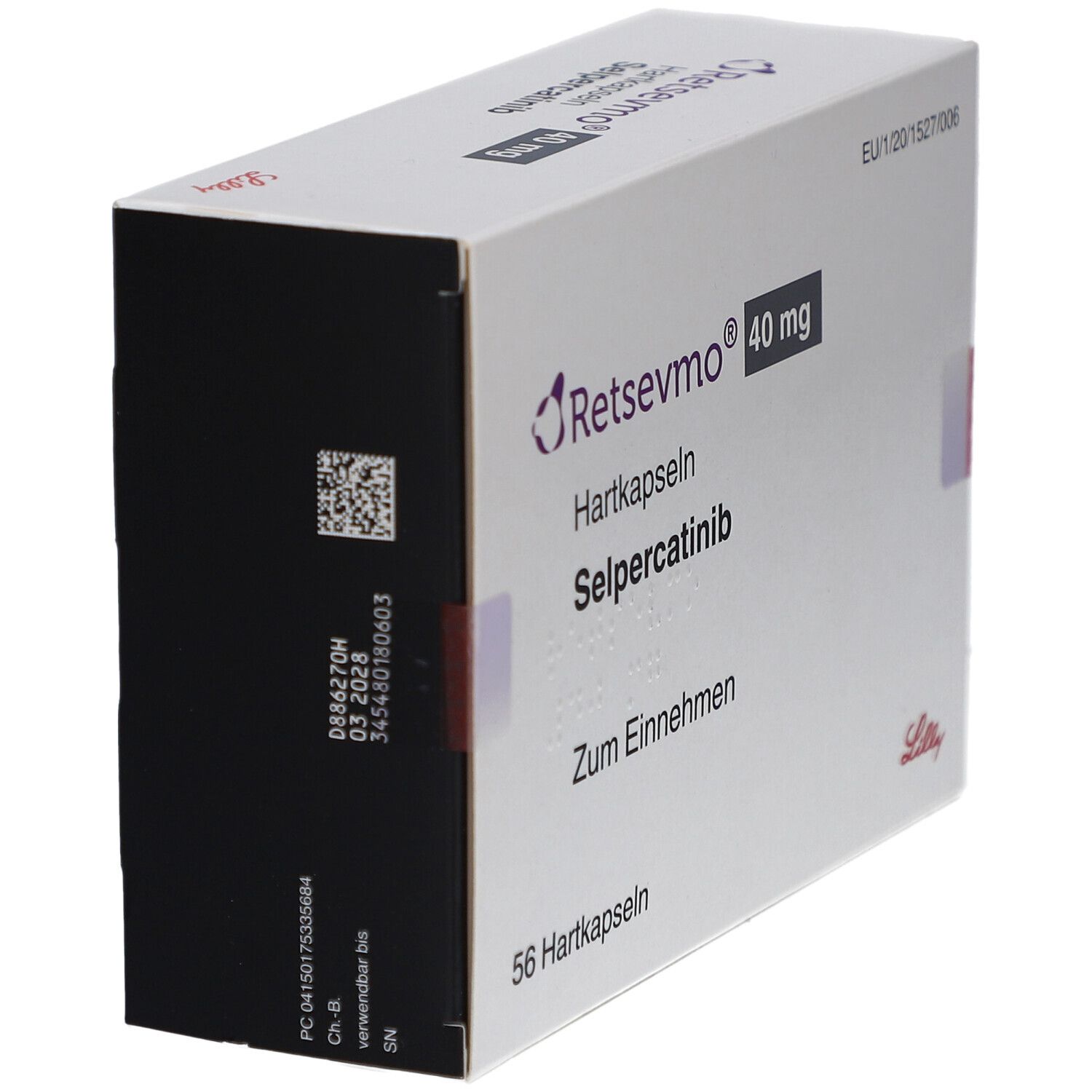 Schachtel "Retsevmo 40 mg Hartkapseln". Schwarze Seite mit Barcode. Herstellerlogo Lilly.