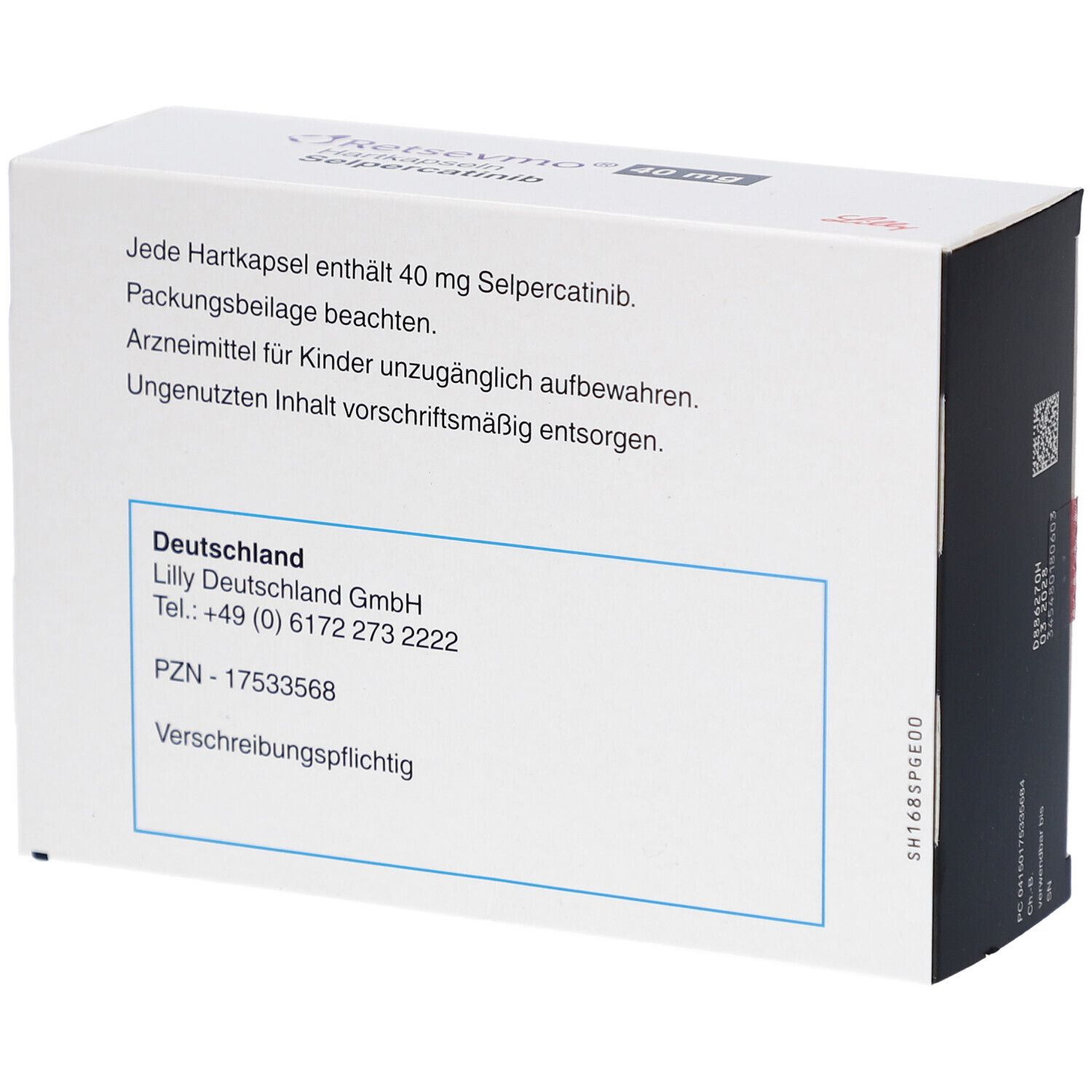 Rückseite der Schachtel "Retsevmo 40 mg Hartkapseln". Textinformationen und Herstelleradresse.