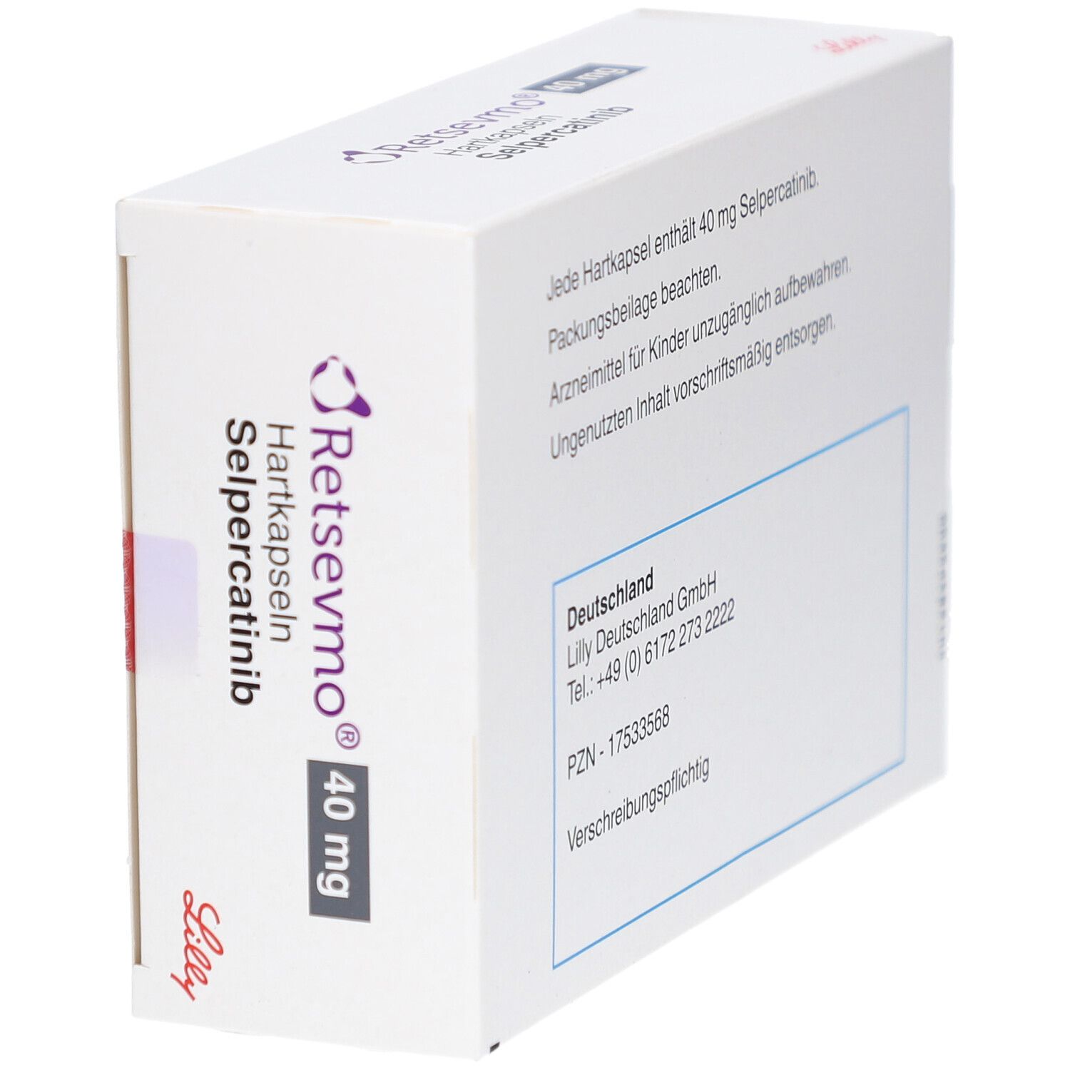 Schachtel "Retsevmo 40 mg Hartkapseln". Rückseite mit Text und Herstelleradresse.