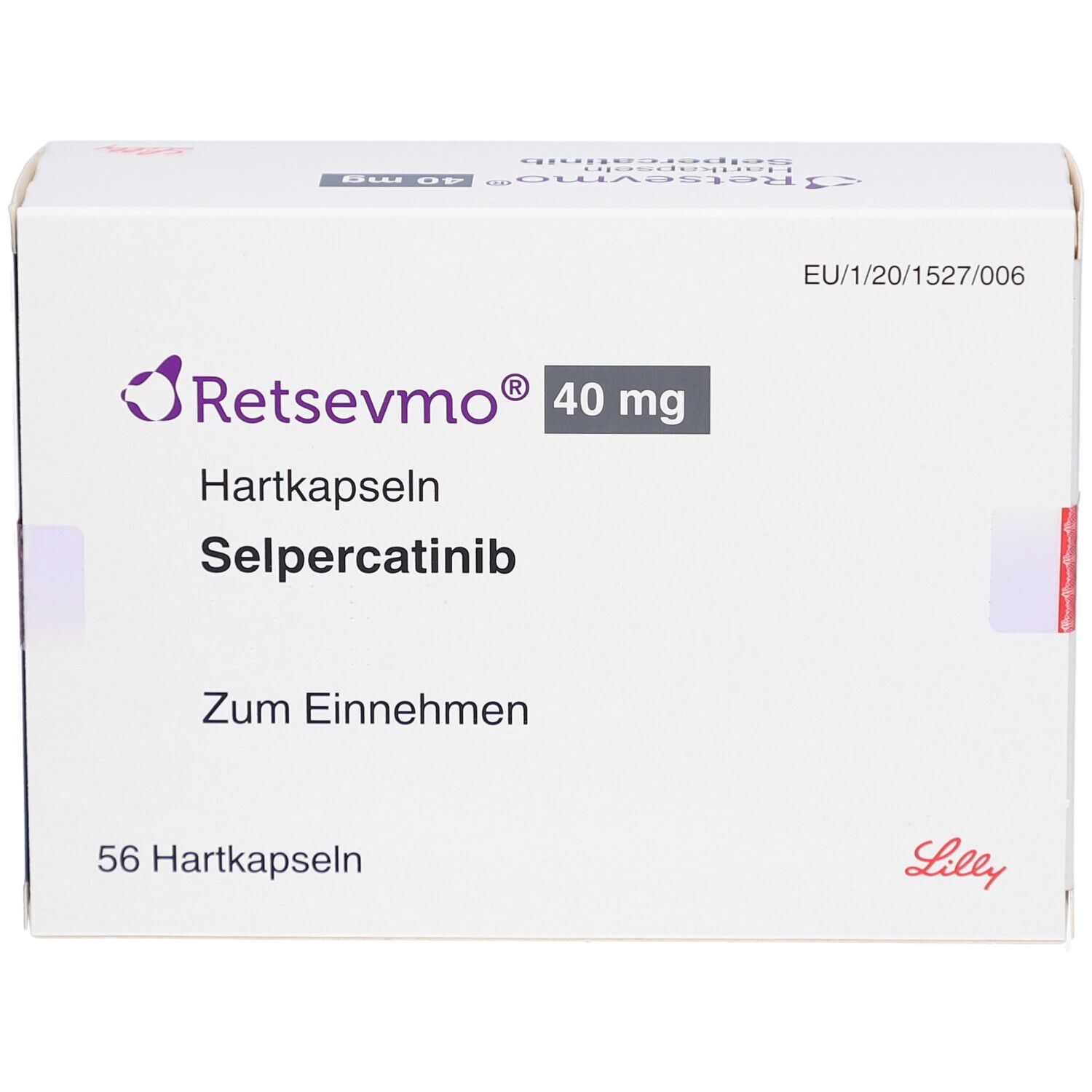 Schachtel "Retsevmo 40 mg Hartkapseln". Enthält 56 Hartkapseln. Herstellerlogo Lilly.