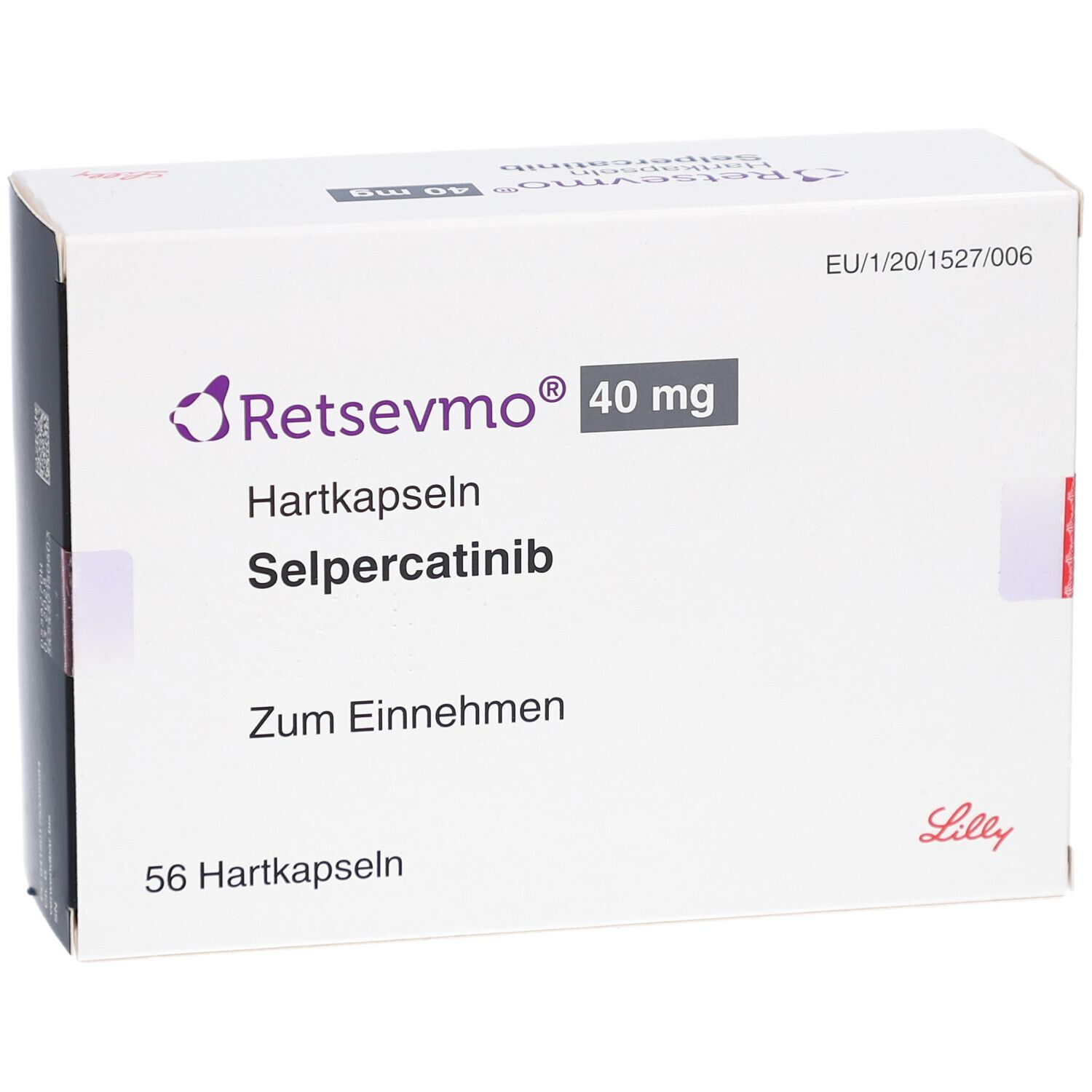 Schachtel "Retsevmo 40 mg Hartkapseln". Enthält 56 Hartkapseln. Herstellerlogo Lilly.
