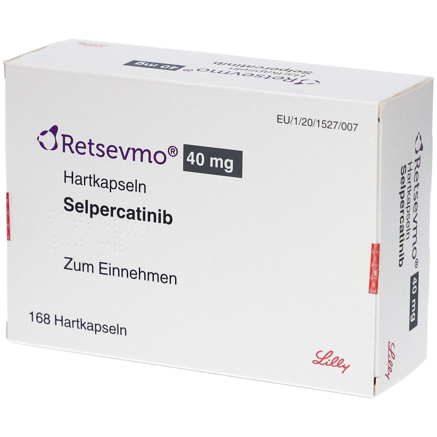 Schachtel mit "Retsevmo 40 mg Hartkapseln". Enthält 168 Hartkapseln. Aufschrift: Selpercatinib, Zum Einnehmen.