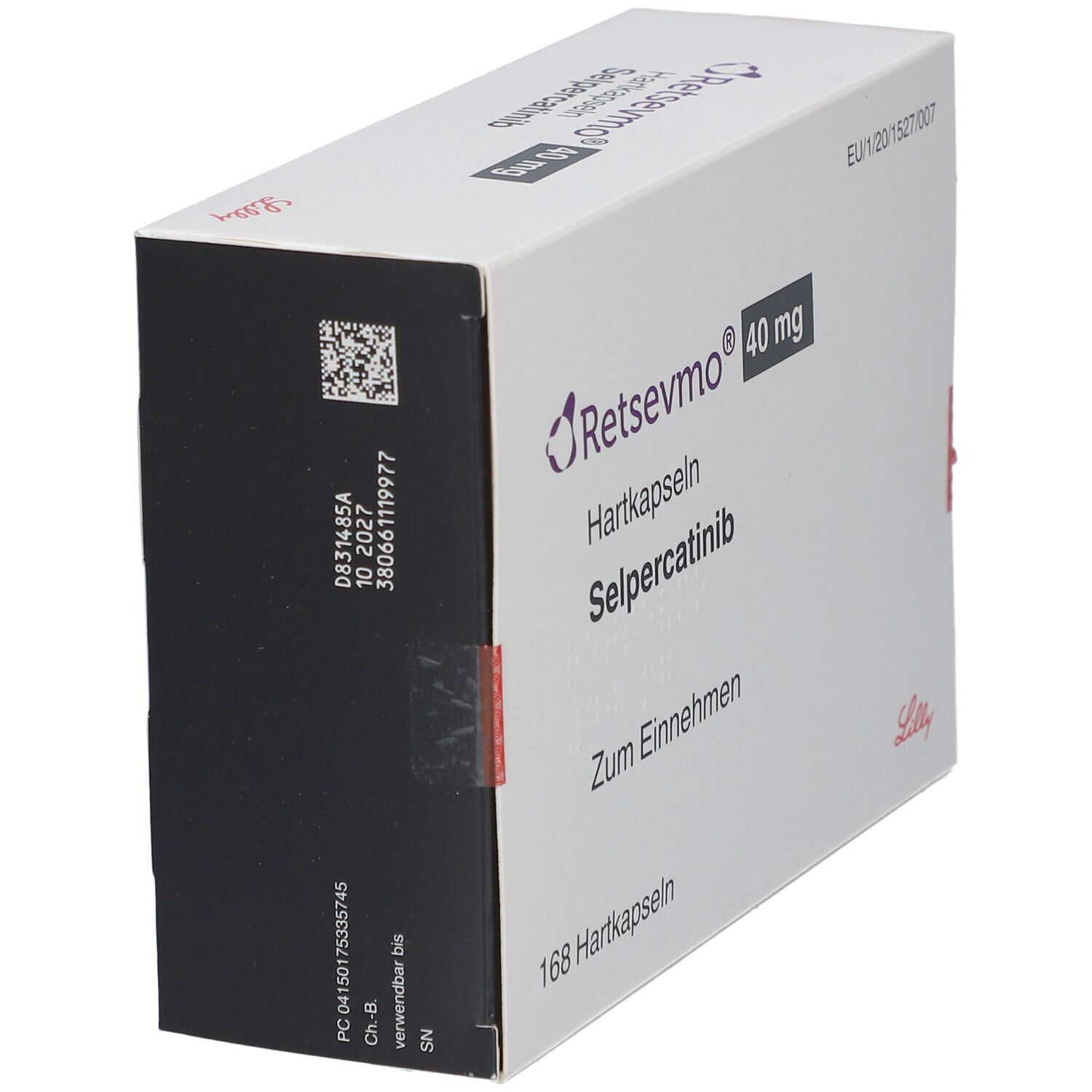 Schachtel "Retsevmo 40 mg Hartkapseln". Seitenansicht. Enthält 168 Hartkapseln. Aufschrift: Selpercatinib, Zum Einnehmen.