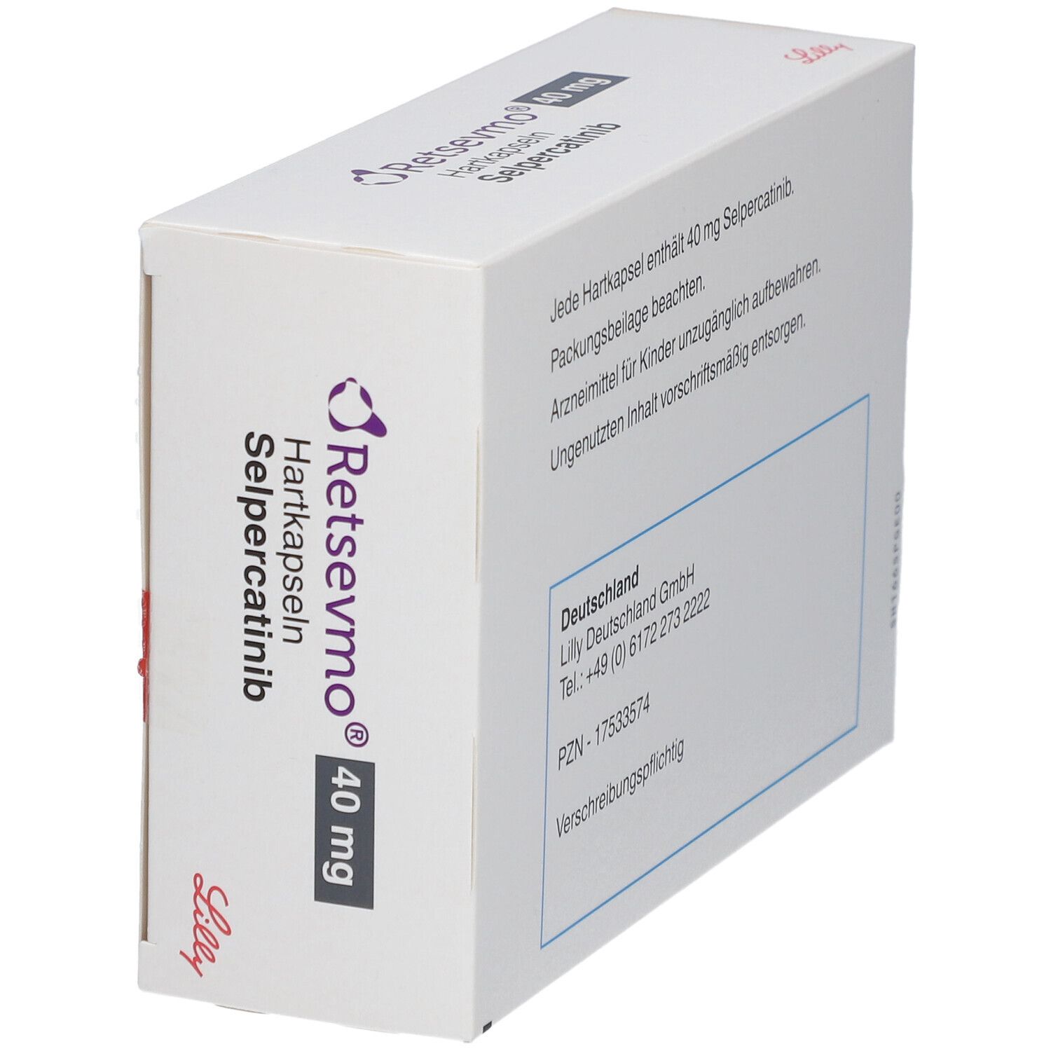Schachtel "Retsevmo 40 mg Hartkapseln". Seitenansicht. Enthält 168 Hartkapseln. Aufschrift: Selpercatinib, Zum Einnehmen.