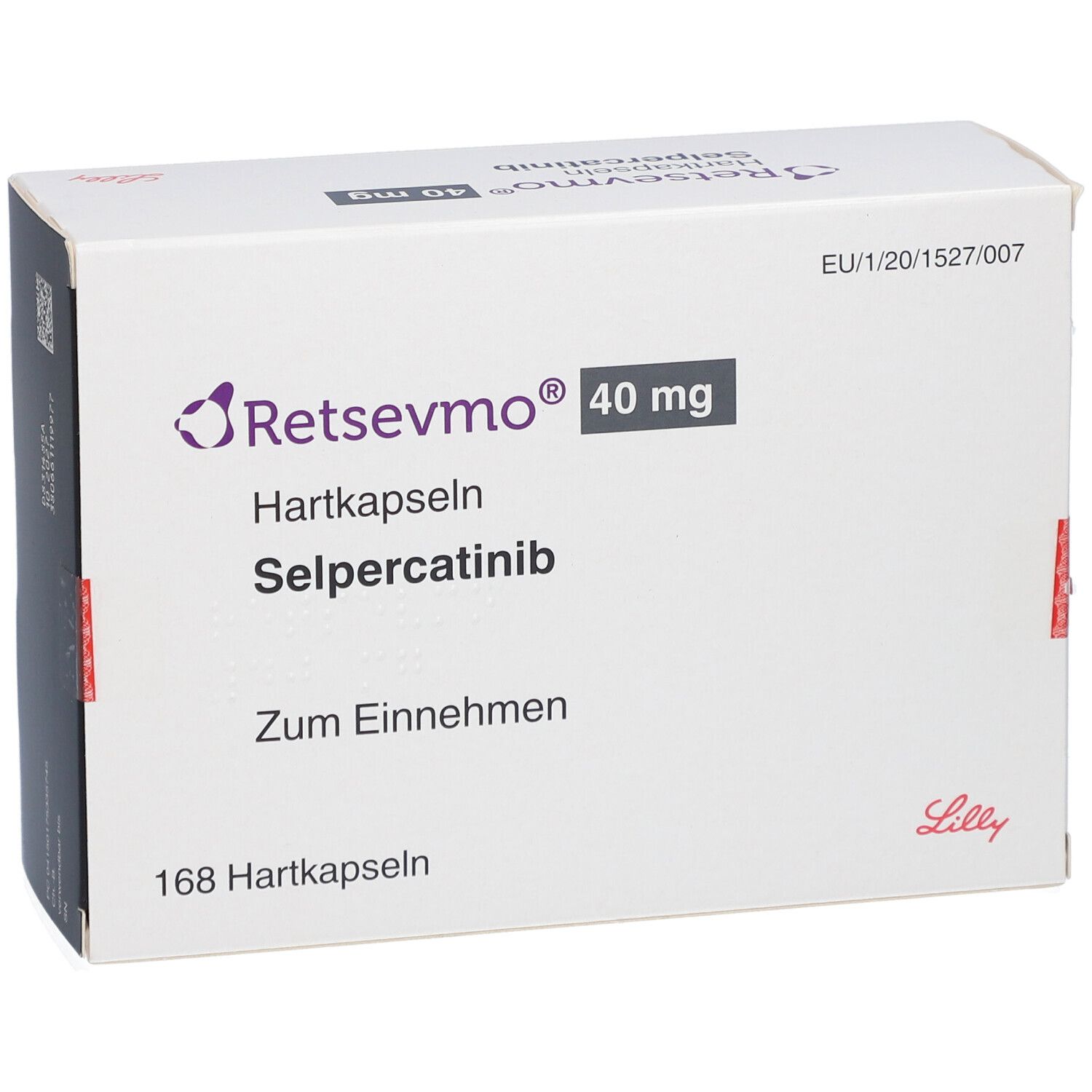 Schachtel mit "Retsevmo 40 mg Hartkapseln". Enthält 168 Hartkapseln. Aufschrift: Selpercatinib, Zum Einnehmen.