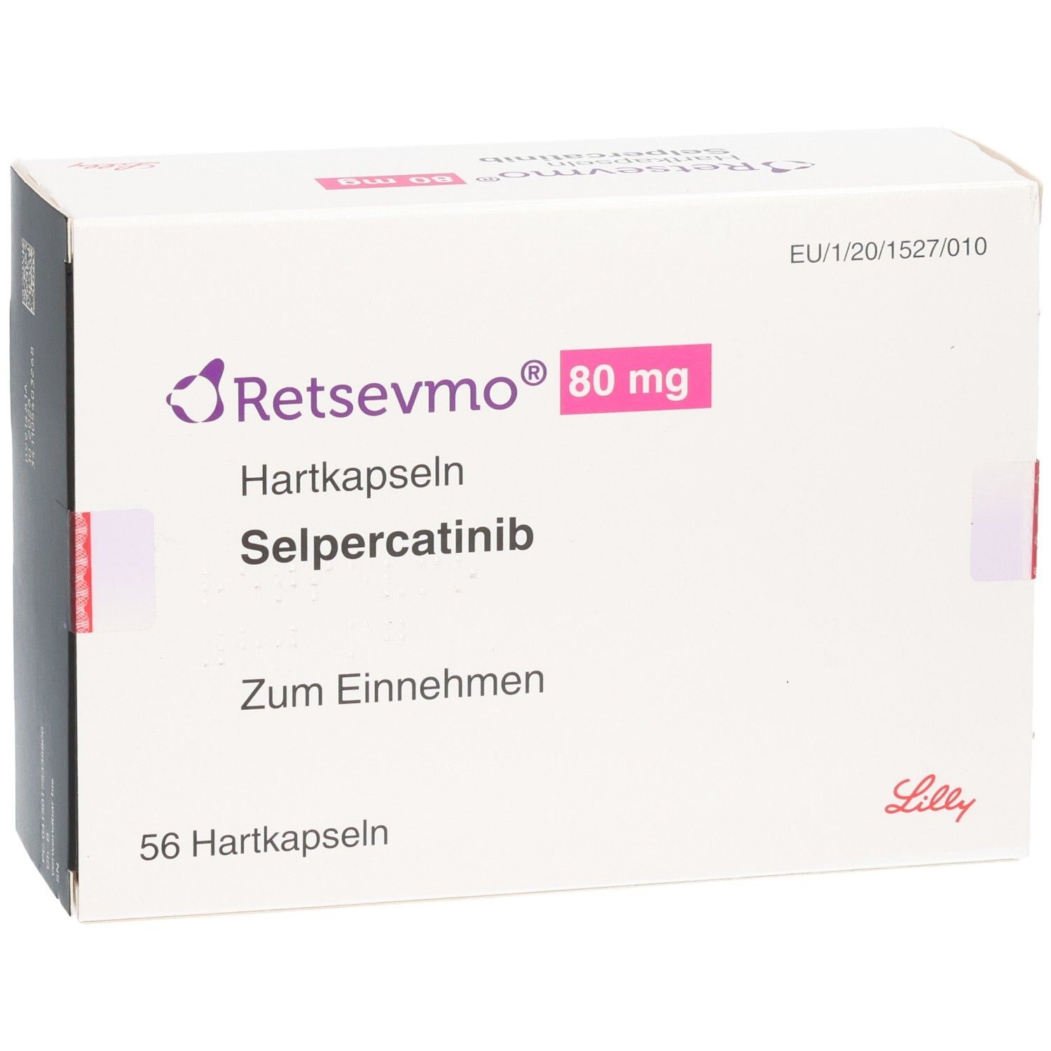 Retsevmo 80 mg Selpercatinib Hartkapseln in einer weißen Faltschachtel mit rosa und lila Akzenten.