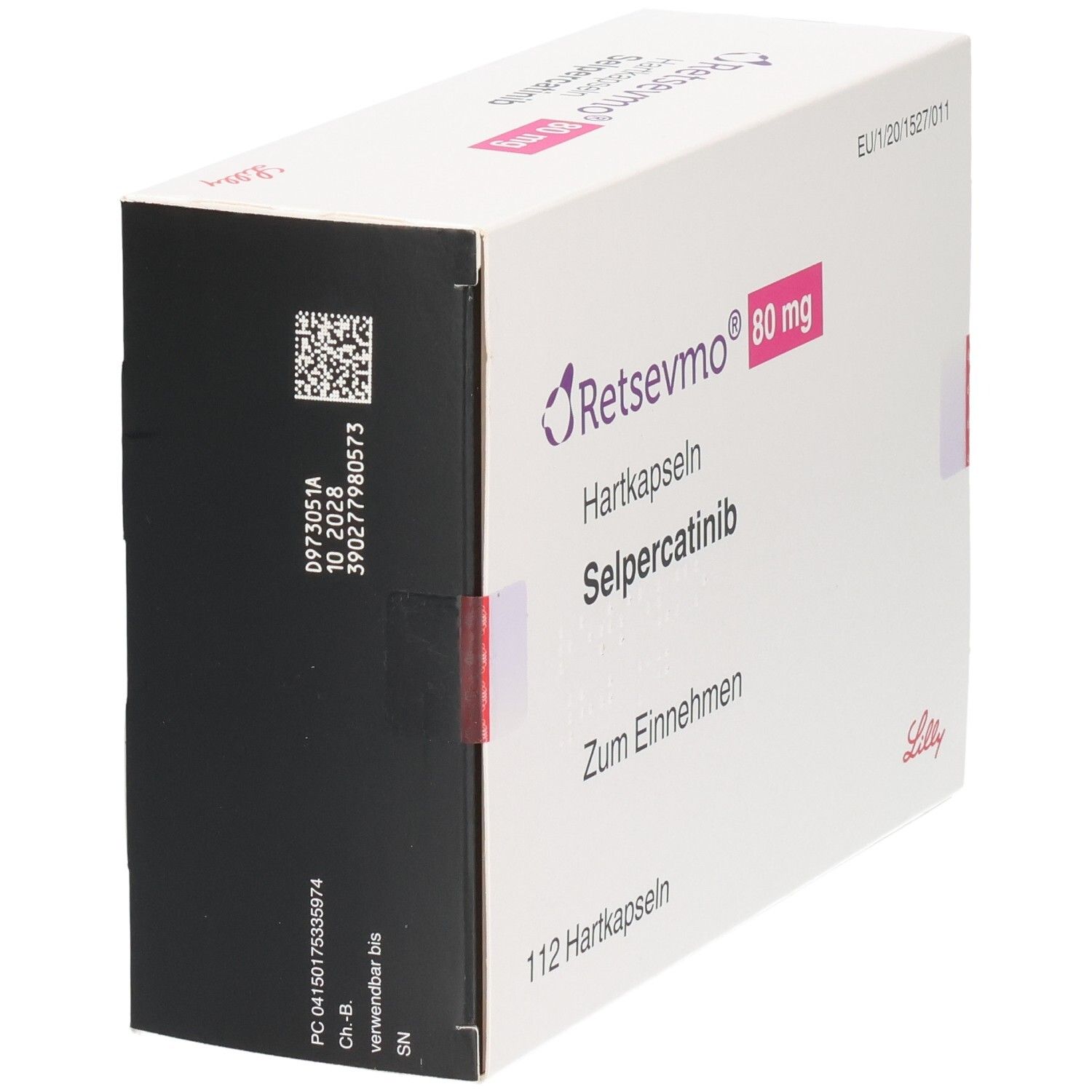 RETSEVMO 80 mg Hartkapseln mit Selpercatinib, Rückseite mit Barcode und Chargennummer.