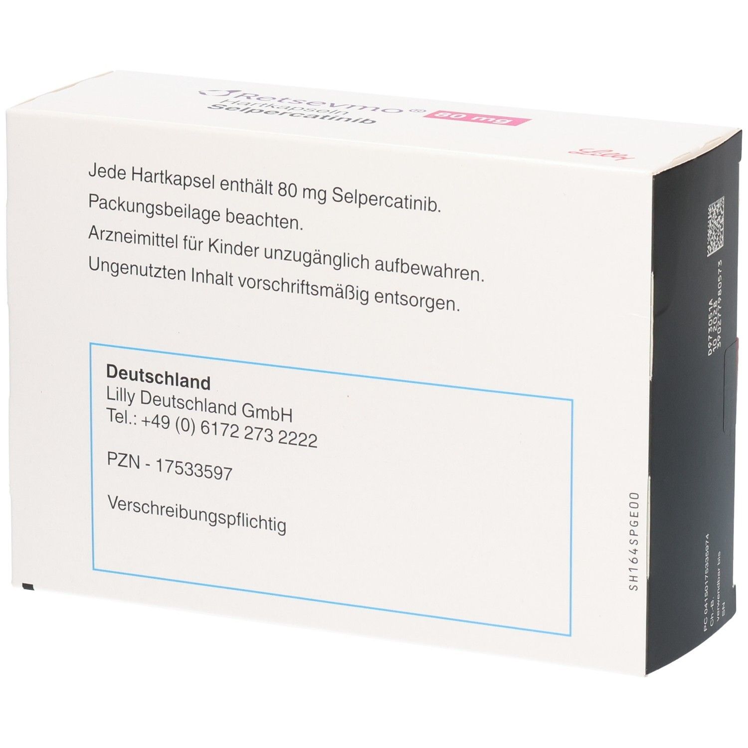 RETSEVMO 80 mg Hartkapseln mit Selpercatinib, Seitenansicht mit Herstellerinformationen.