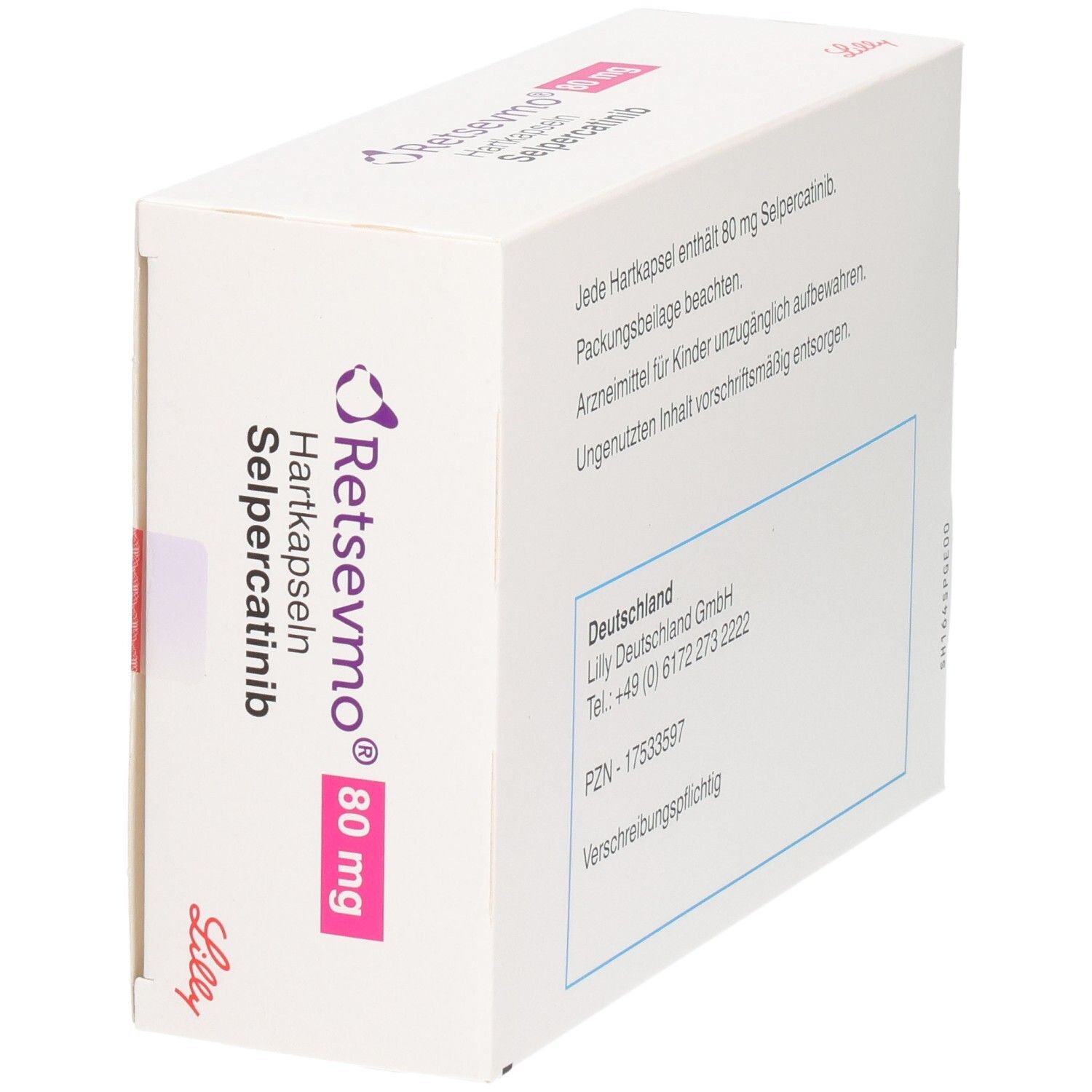 RETSEVMO 80 mg Hartkapseln mit Selpercatinib, Seitenansicht mit Herstellerinformationen und Lilly Logo.