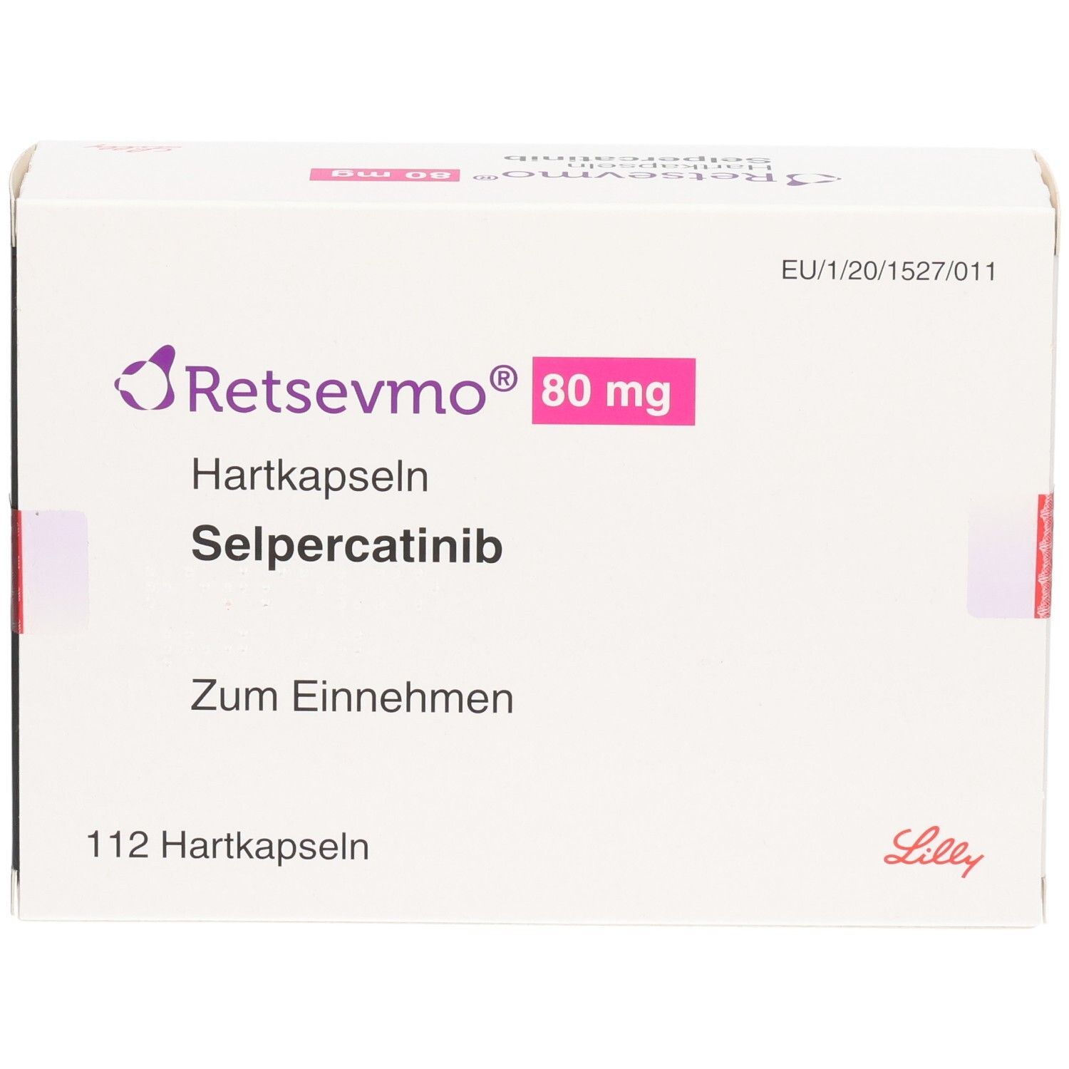 RETSEVMO 80 mg Hartkapseln mit Selpercatinib, 112 Stück, Vorderseite.
