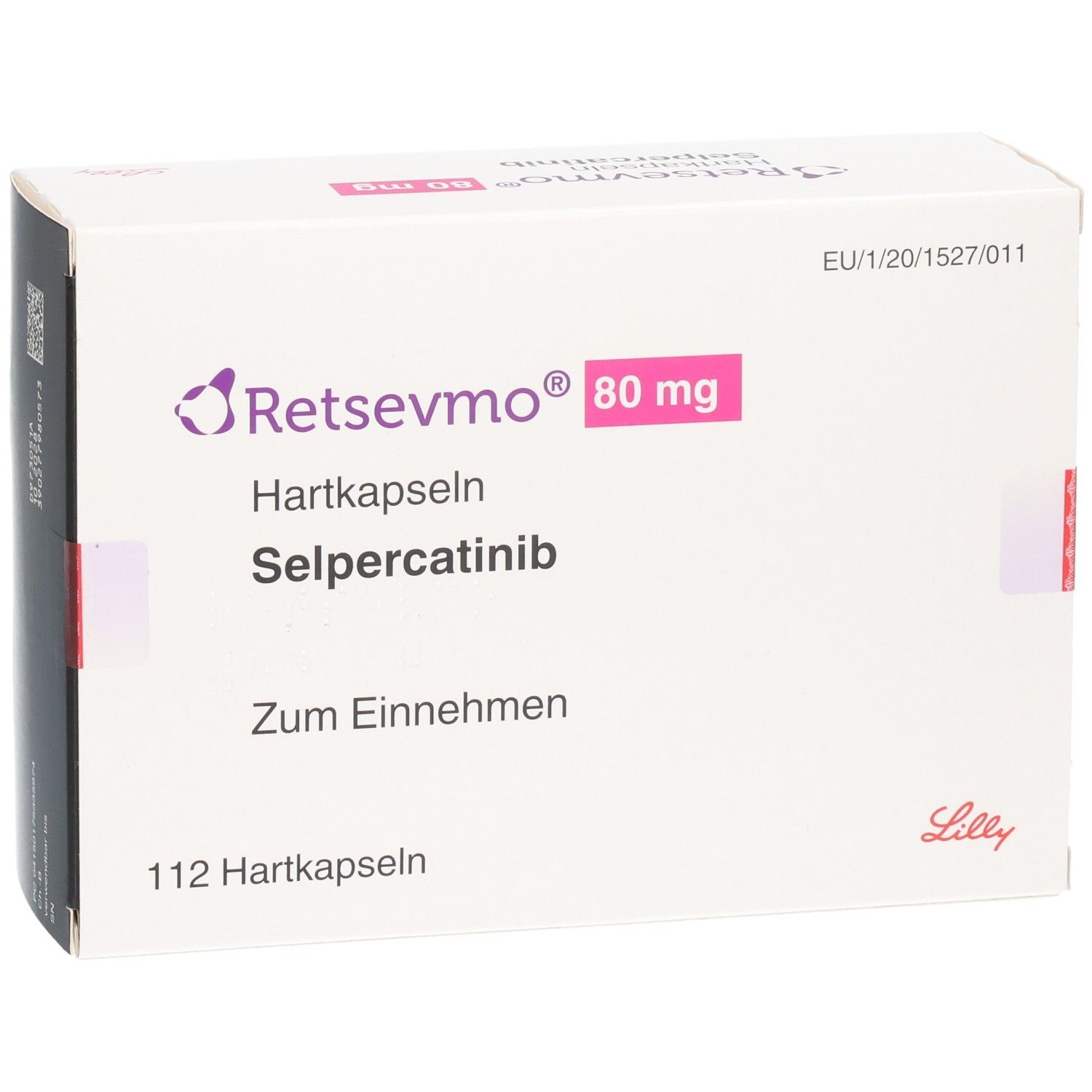 RETSEVMO 80 mg Hartkapseln mit Selpercatinib, 112 Stück, Vorderseite mit Lilly Logo.