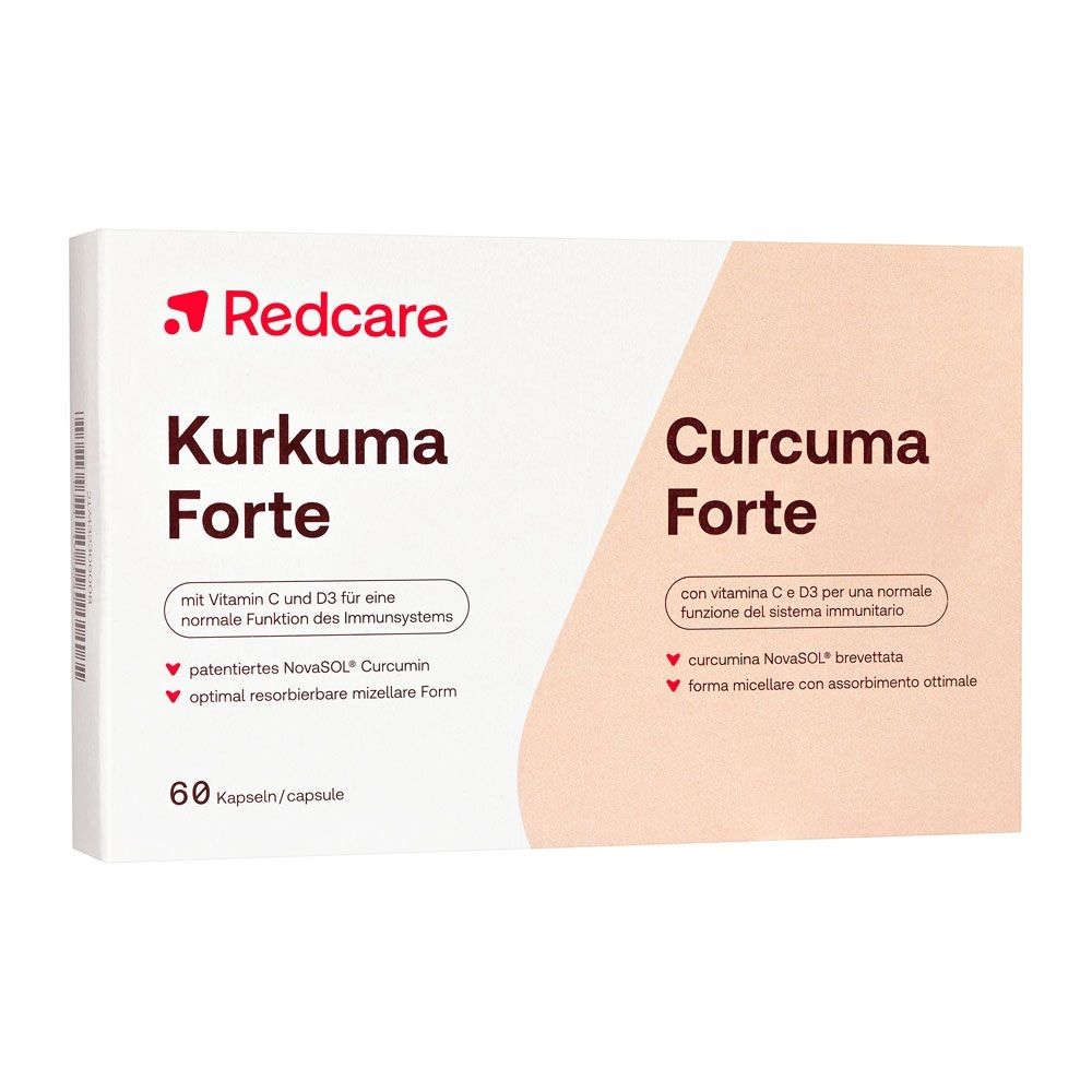 Redcare Kurkuma Forte Verpackung mit 60 Kapseln.