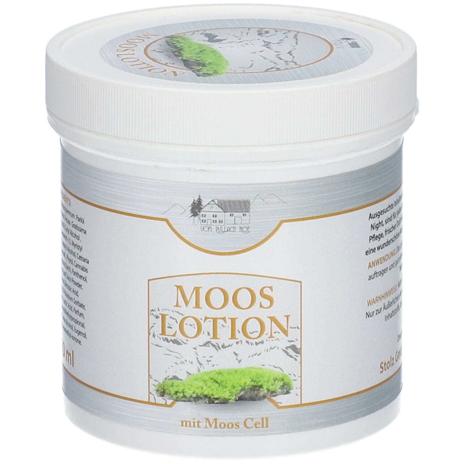 Weißer Tiegel mit Deckel. Aufschrift: MOOS LOTION, mit Moos Cell. Logo: Haus mit Berg. Auf dem Deckel: Moos-Illustration.