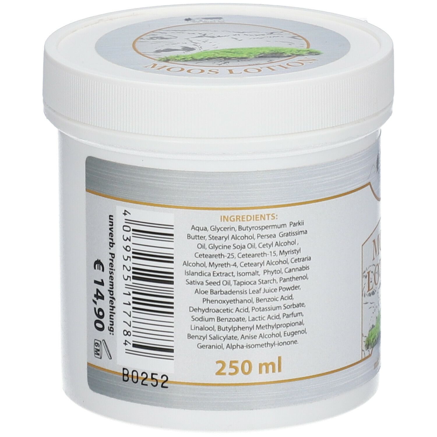 Rückseite des weißen Tiegels. Aufschrift: Inhaltsstoffe, 250 ml, Barcode, Preis: 14,90 €. Aufkleber mit Inhaltsstoffen.