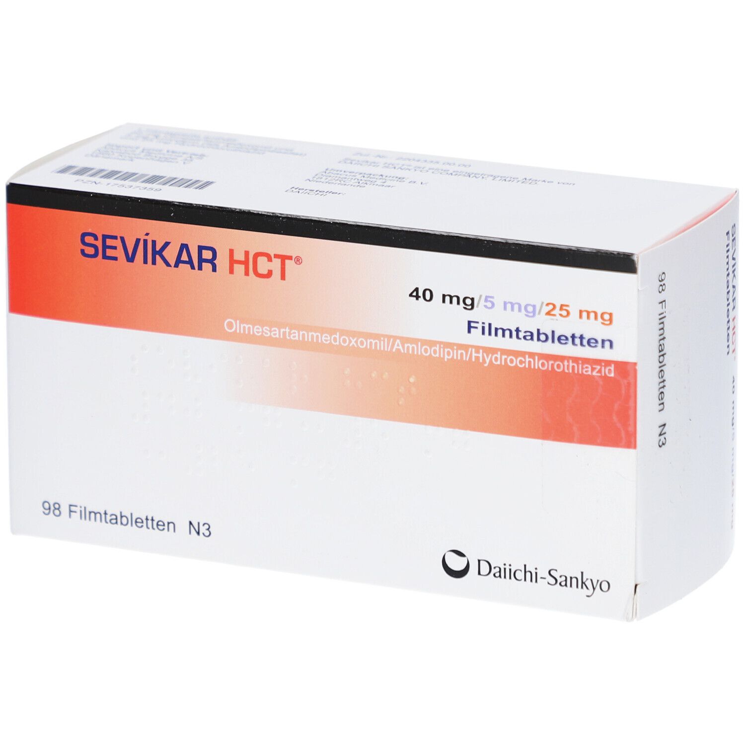 Schachtel mit SEVIKAR HCT Filmtabletten. Aufdruck: 40 mg/5 mg/25 mg, 98 Filmtabletten N3. Logo Daiichi-Sankyo.